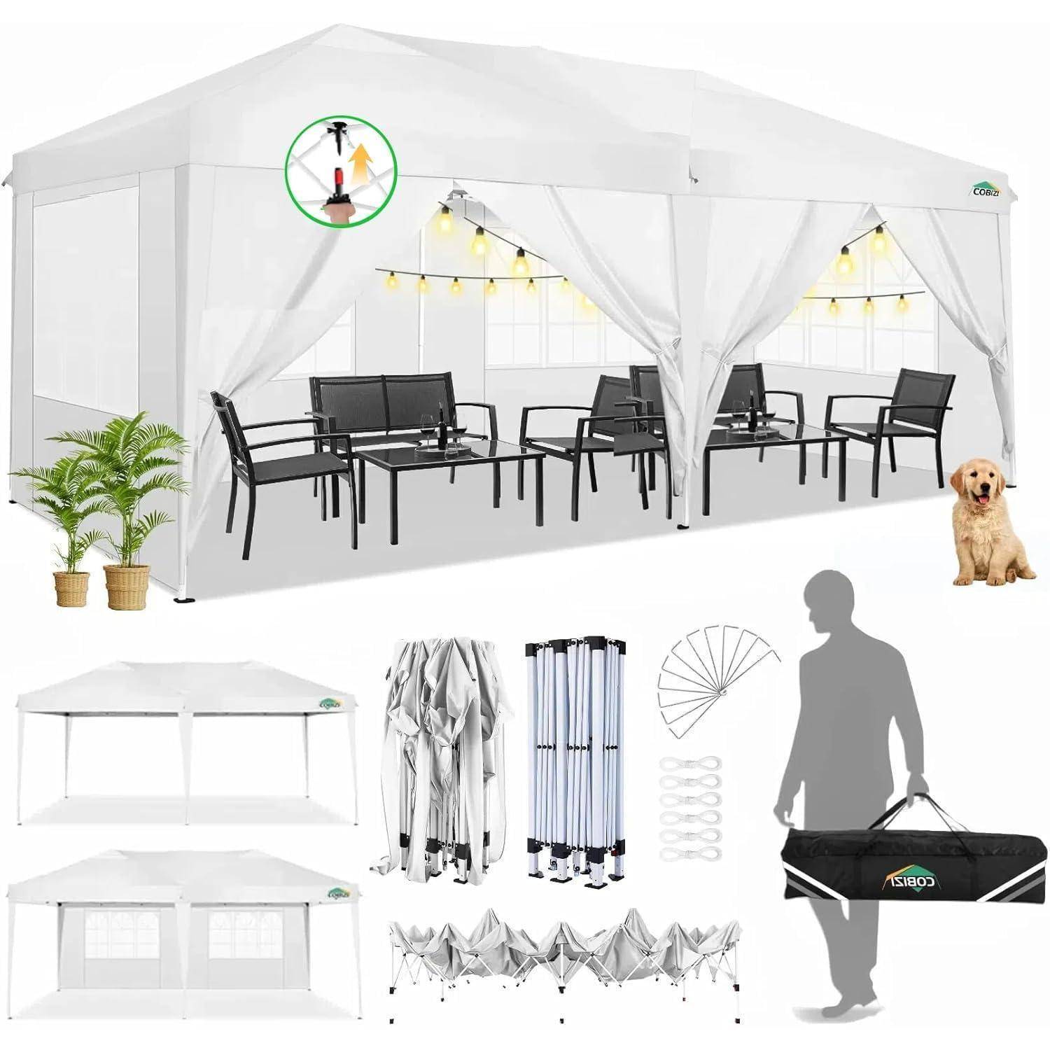 Weißes Außenbereich-Pavillon-Zelt mit Seitenwänden, Lichterketten, schwarze Gartenmöbel, eine Topfpflanze und ein Hund; Einschub zeigt gefaltete Zeltteile und Transporttasche.