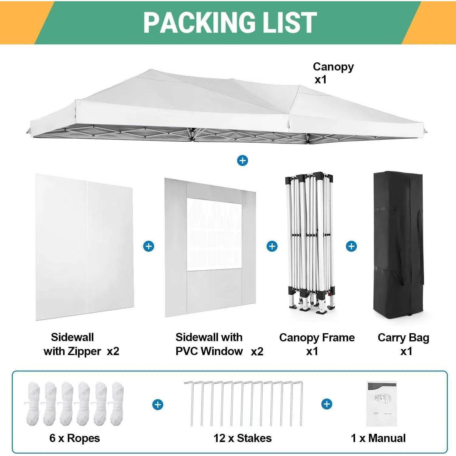 Packliste für ein Pavillon-Zelt: 1 Pavillon, 2 Seitenwände mit Reißverschluss, 2 Seitenwände mit PVC-Fenster, 1 Gestell, 1 Transporttasche, 6 Seile, 12 Heringe, 1 Bedienungsanleitung.