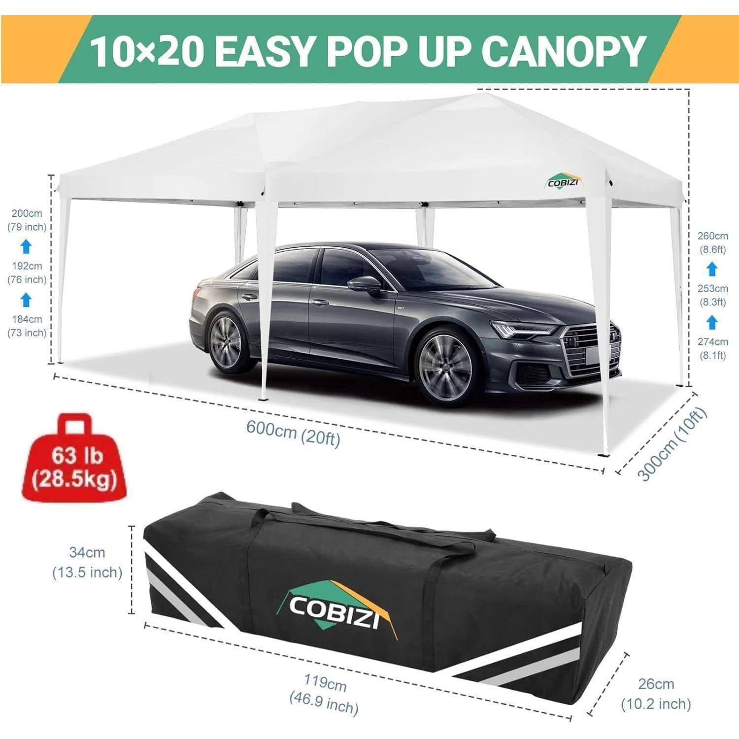 Produktgrafik eines "10x20 EASY POP UP ZELT"" zeigt ein weißes Zelt über einem Auto, mit Abmessungen, Gewicht von 63 lb und Größe der Tragetasche.