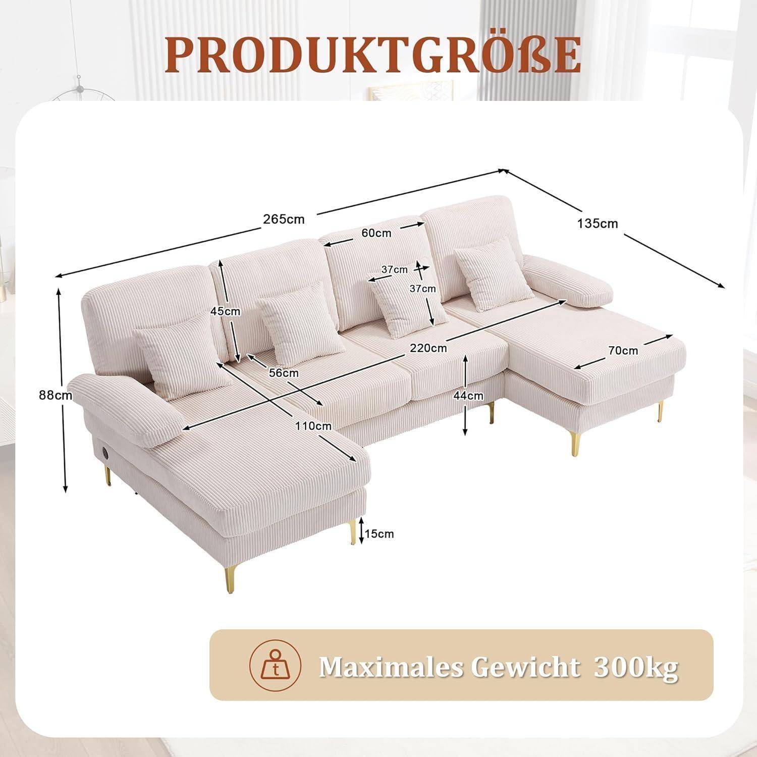 Beigefarbiges L-förmiges Ecksofa mit gekennzeichneten Produktabmessungen: 265 cm breit, 135 cm tief, 88 cm hoch; maximales Gewicht 300 kg.