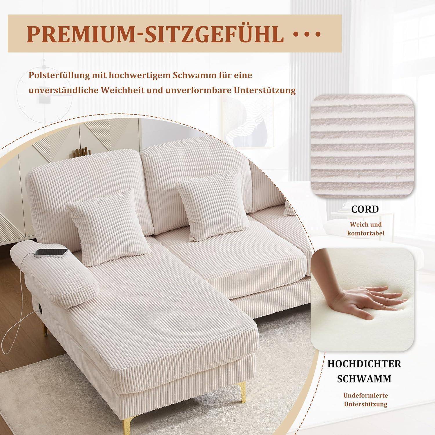 4-Sitzer SamtSofa Massivholzrahmen, U-Sofa mit Doppelten Liegesitzen, 4 Kissen, Wohnlandschaft Eckcouch, für Wohnzimmer Büro Wohnung (Beige)