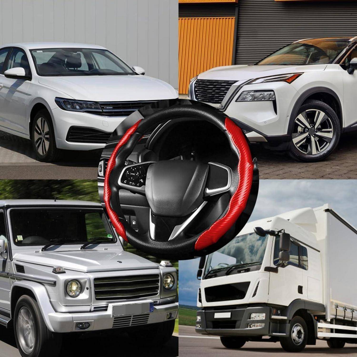 Collage von Fahrzeuginnenräumen und -außenseiten: zwei weiße SUVs, ein silberner SUV und ein weißer Kastenwagen, mit einer Nahaufnahme eines Lenkrads in der Mitte.