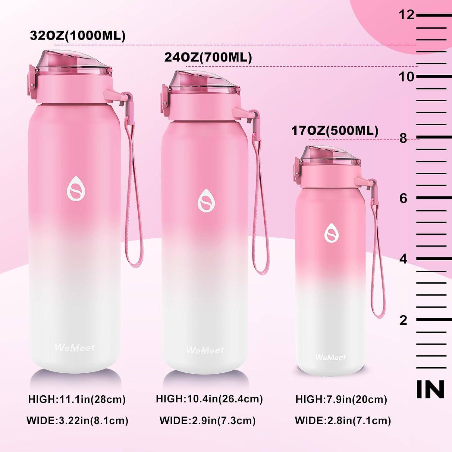 Drei rosa-zu-weiß Farbverlauf Wasserflaschen, sortiert nach Größe: 32 oz 1000 ml, 24 oz 700 ml und 17 oz 500 ml, mit Höhen- und Breitenangaben in Zoll und cm.
