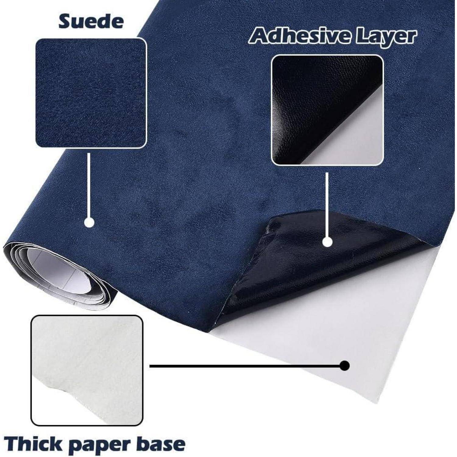 Diagramm eines dunkelblau Wildleder-Klebstoffblatts mit Beschriftungen, die die Wildlederoberfläche, die Klebstoffschicht und die dicke Papierbasis zeigen