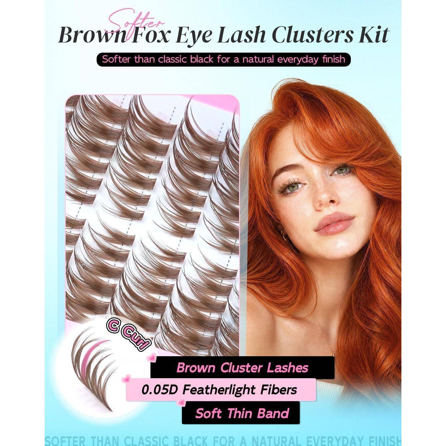 Brown Fox Eye Lash Clusters Kit Anzeige mit braunen Cluster-Wimpern, 0,05D federleichten Fasern und einer rothaarigen Frau als Modell.