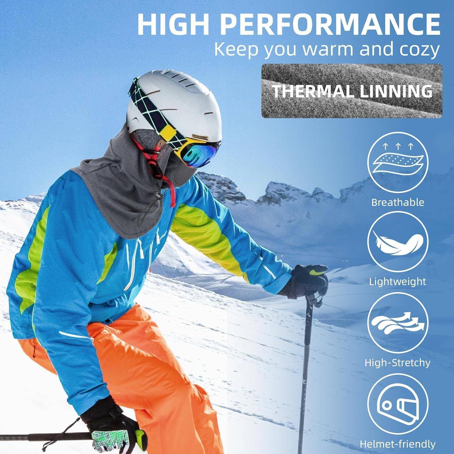 Skifahrer in bunter Winterkleidung auf schneebedecktem Berg bewirbt "HOCHLEISTUNGS""-Thermofutter, atmungsaktiv, leicht, hochelastisch, helmfreundlich.