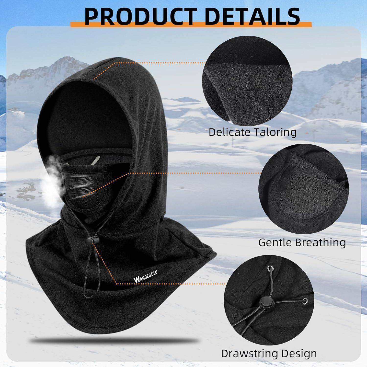 Produktdetail-Bild einer schwarzen Kapuzen-Gesichtsmaske mit Schneekulisse, die "Delicate Tailoring"" (Feine Verarbeitung), ""Gentle Breathing"" (Sanftes Atmen) und ein ""Drawstring Design"" (Kordelzug-Design) hervorhebt.
