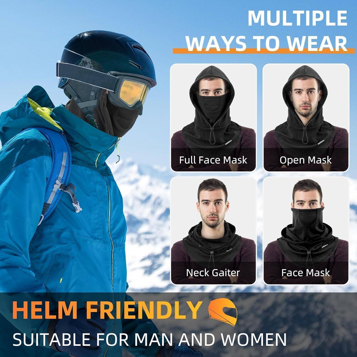 Werbegrafik eines Skifahrers mit Helm und Schutzbrille mit dem Text „Helm friendly" und vier Optionen für Gesichtsbedeckungen: Vollgesichtsmaske, offene Maske, Nackengesichtsmaske, Gesichtsmaske; geeignet für Männer und Frauen.