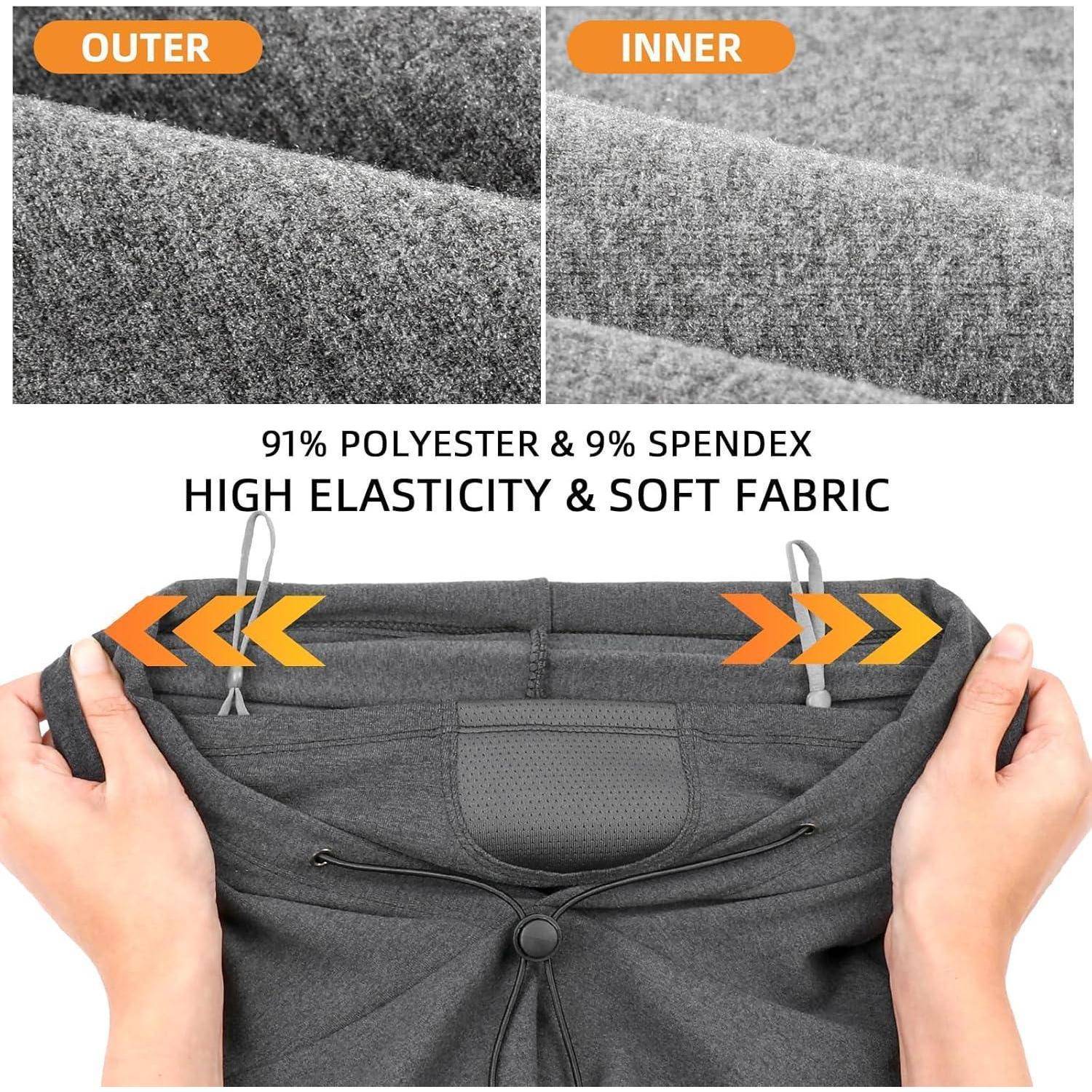 Nahaufnahme-Produktbild von grauen Stoffhosen, das äußere und innere Textur zeigt, mit der Bezeichnung „91% Polyester & 9% Spandex" und „hohe Elastizität & weiches Gewebe"", mit Händen, die den Bund dehnen.
