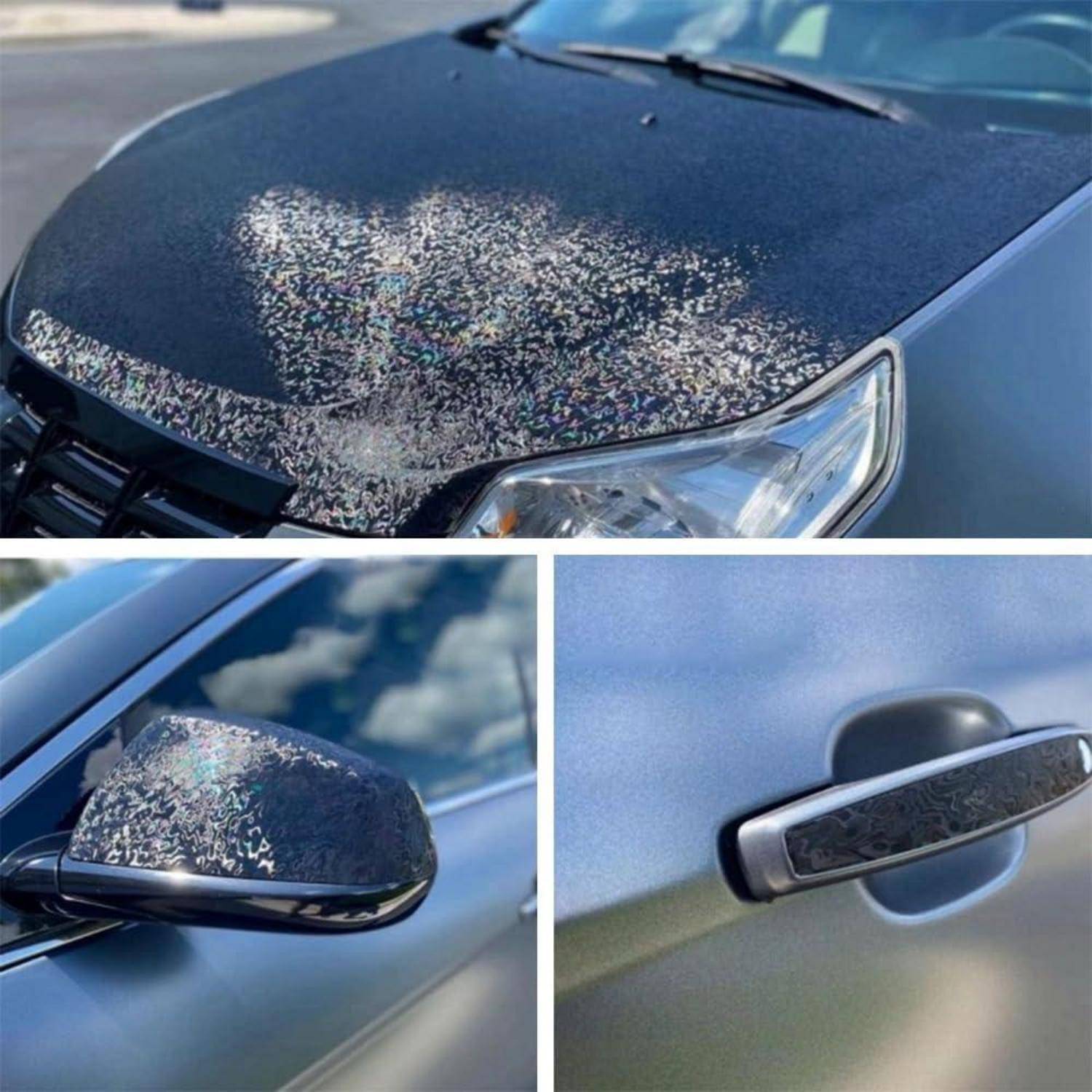 Drei Ansichten eines Autos mit glänzender Kohlefaser-Optik-Folie auf der Motorhaube, dem Seitenspiegel und dem Türgriff.