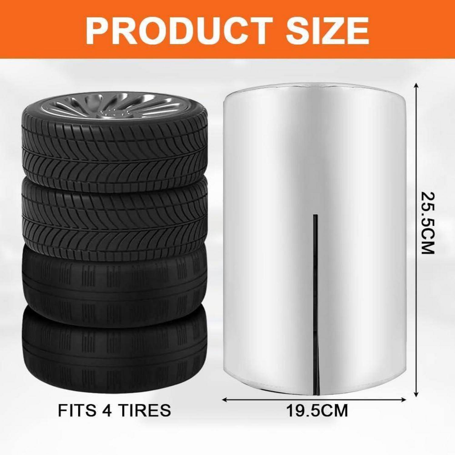 Produktgrößendiagramm, das zeigt, dass eine Reifenlagerungstasche 4 Reifen fasst und 19,5 cm breit und 25,5 cm hoch misst.
