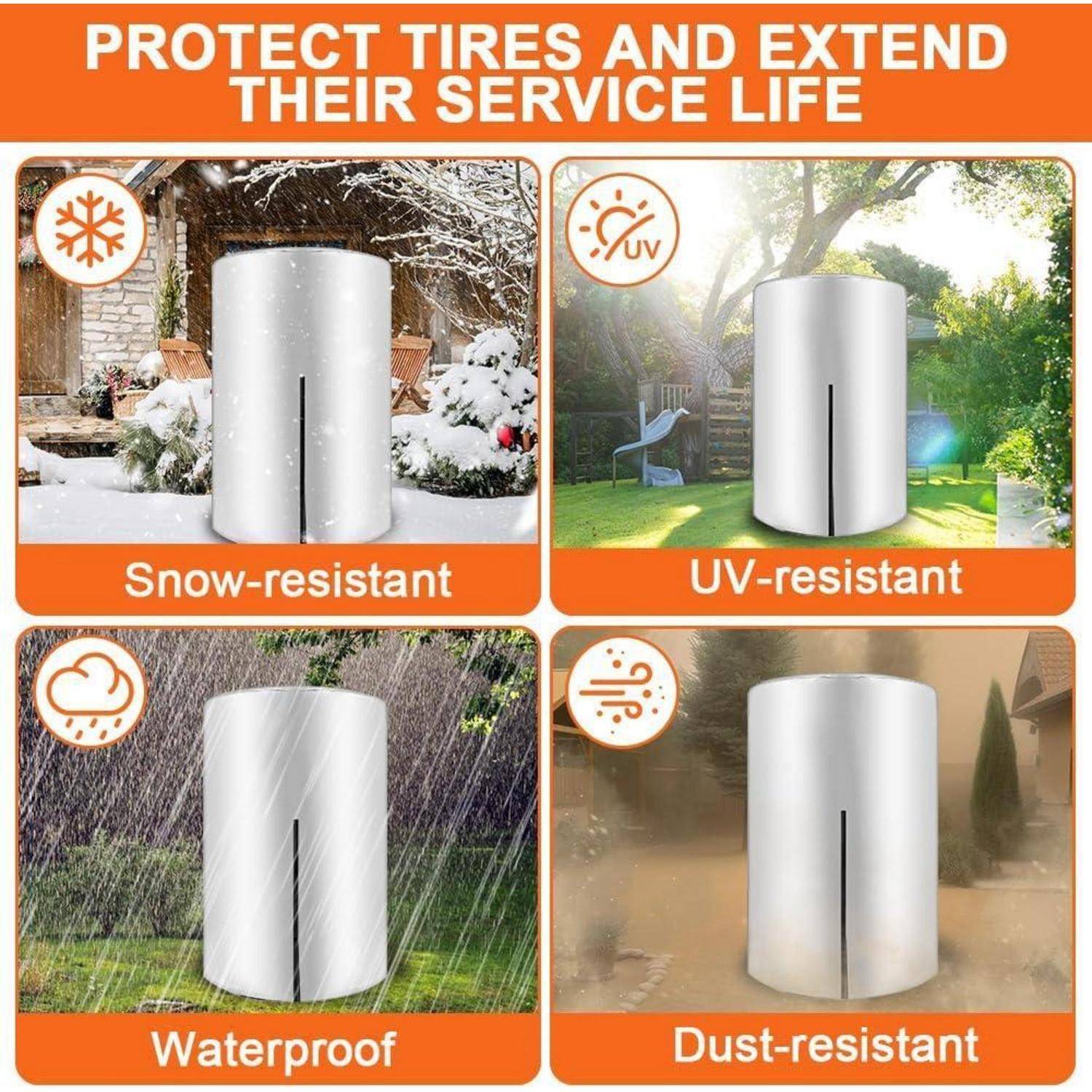 Werbegrafik mit einer Reifenabdeckung in vier Feldern mit den Bezeichnungen „Schneeresistent", „UV-resistent"", „Wasserdicht"" und „Staubresistent"" unter der Überschrift „SCHÜTZEN SIE REIFEN UND VERLÄNGERN SIE IHRE LEBENSDAUER"".