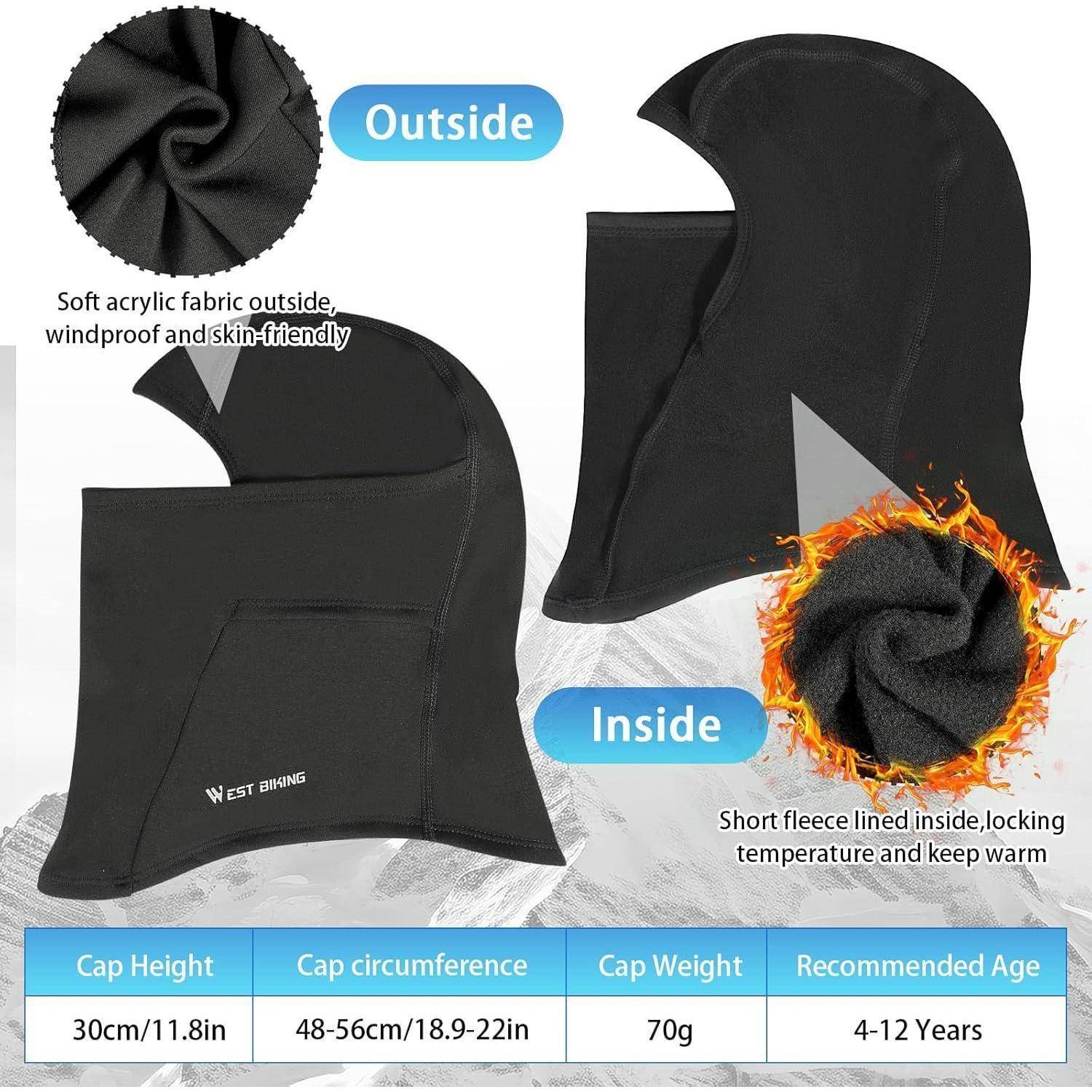 Schwarze Wintermütze für Kinder mit Sturmmaske, innen und außen gezeigt, mit weichem Acryl-Außenmaterial und Fleece-Futter; Größentabelle zeigt 30 cm Höhe, 48-56 cm Umfang, 70 g, Altersgruppe 4-12 Jahre.