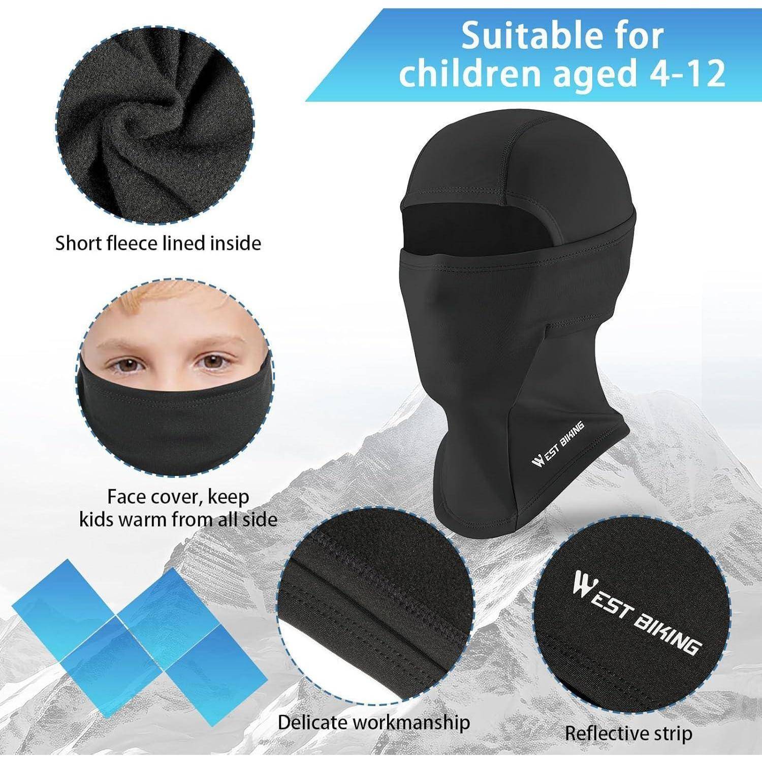 Produktbild einer schwarzen Kinder-Winter-Sturmhaube mit Gesichtsschutz, gekennzeichnet als geeignet für Kinder im Alter von 4-12 Jahren, mit Fleece-Futter und reflektierendem Streifen.