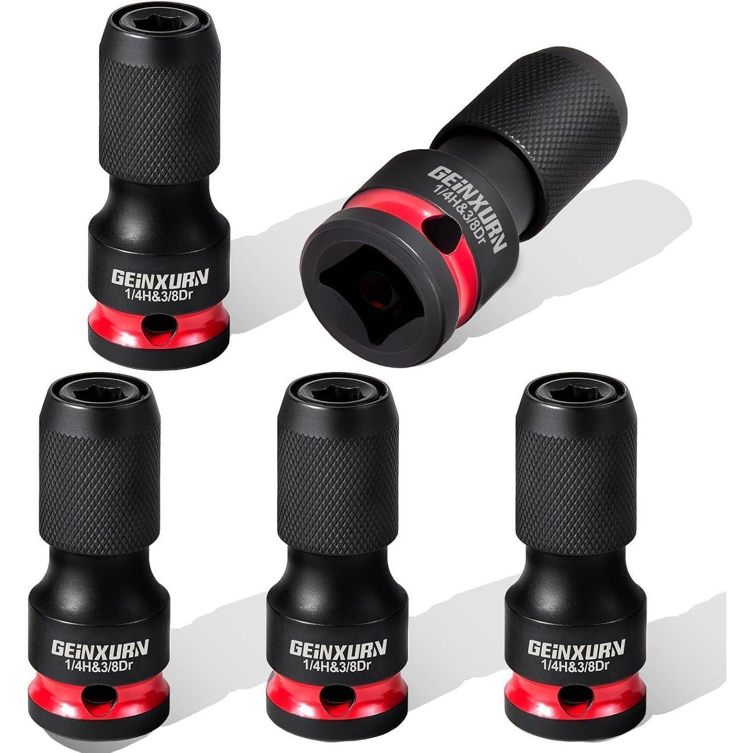 Fünf schwarze GEXXURV 1/4-Zoll-Antrieb-Steckadapter mit roten Ringen sind auf weißem Hintergrund abgebildet.