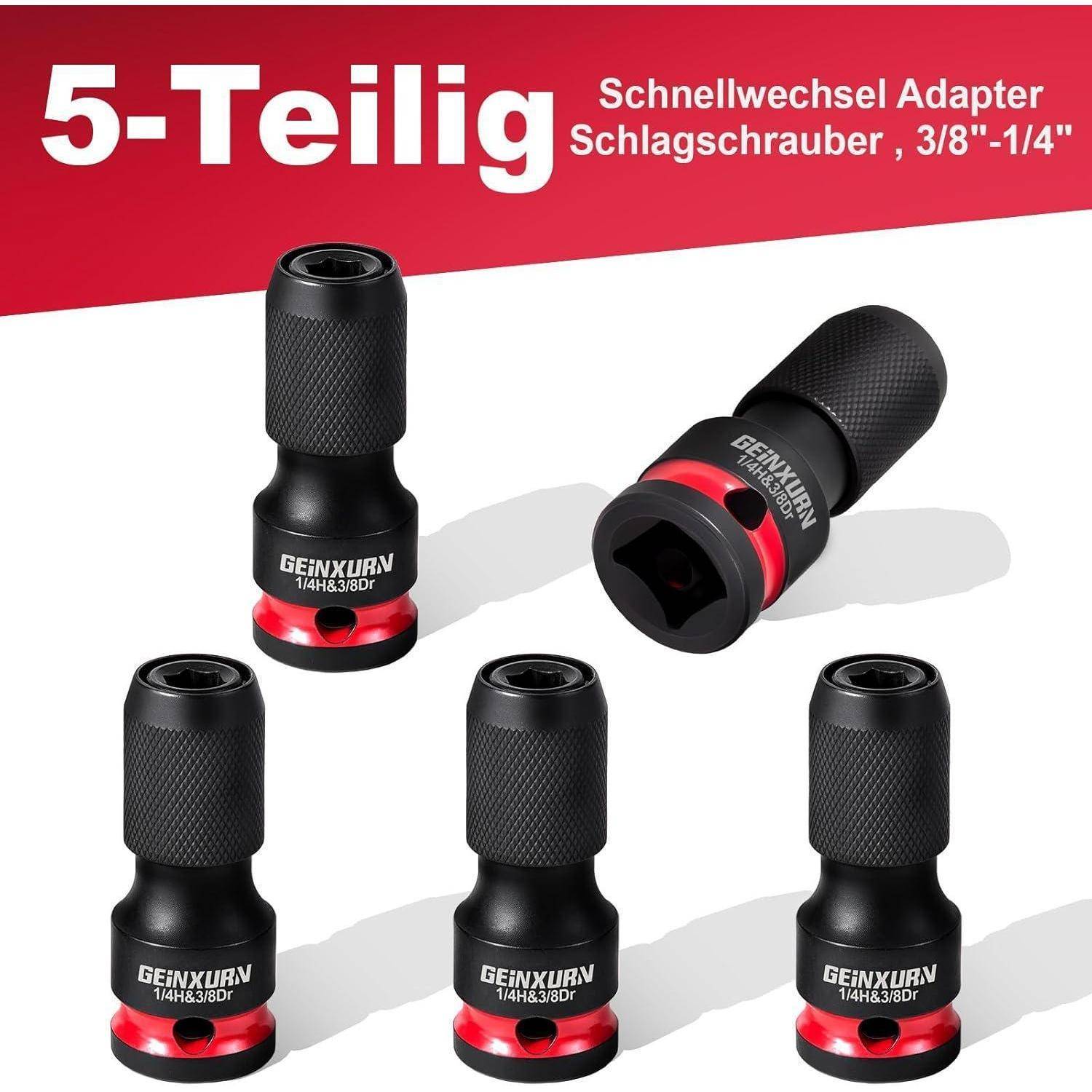 Fünfteiliges Schnellwechsel-Adapterset für Schlagschrauber, 3/8 bis 1/4, dargestellt als fünf schwarze Steckschlüssel mit roten Akzenten auf weißem Hintergrund.
