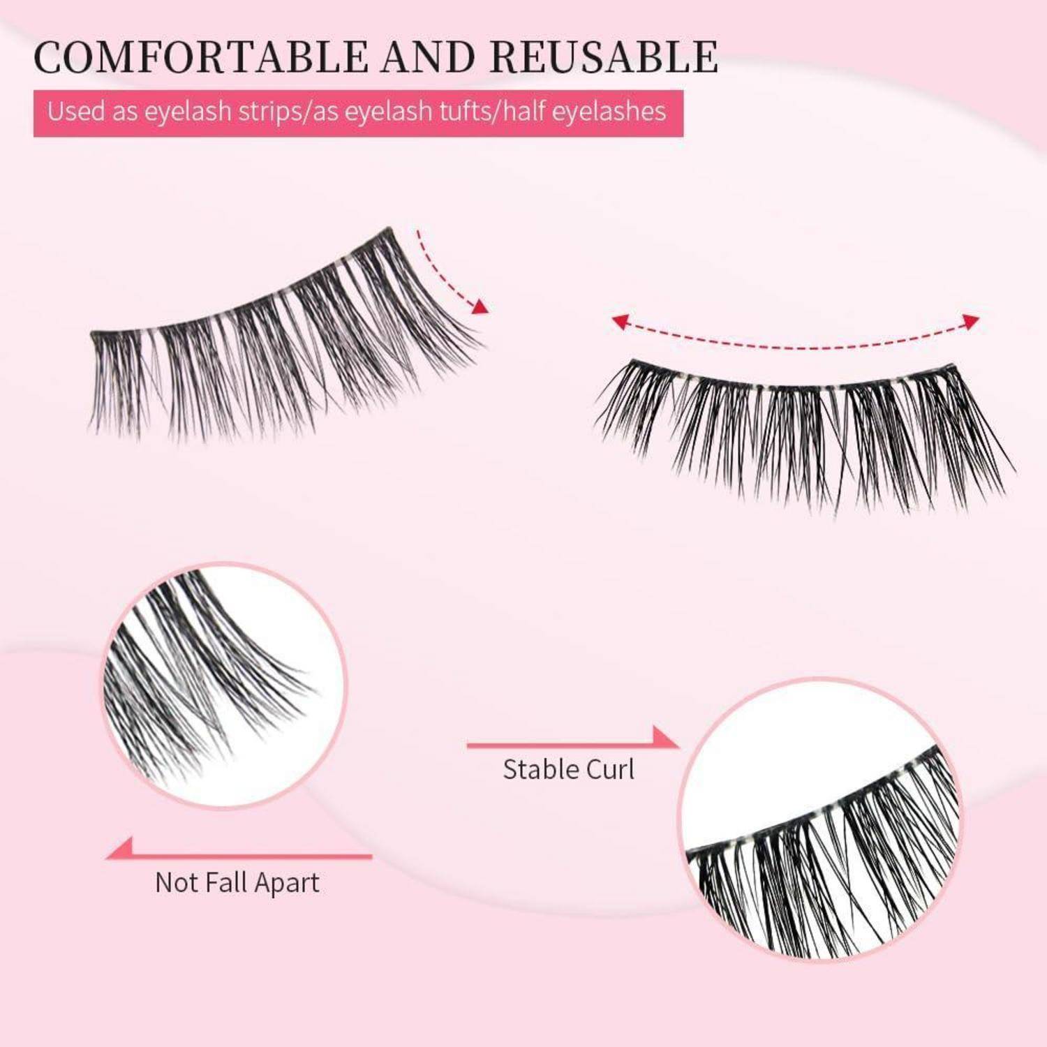 Rosa Produktgrafik mit wiederverwendbaren künstlichen Wimpern, die als Wimpernstreifen, Wimpernbüschel oder halbe Wimpern verwendet werden, mit Hinweisen auf stabilen Halt und dass sie nicht auseinanderfallen.