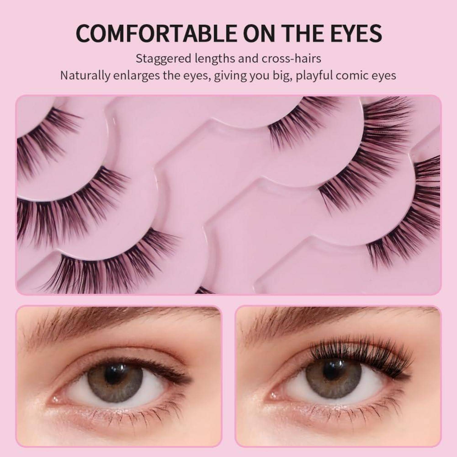 Produktwerbung mit künstlichen Wimpern, Überschrift „ANGENEHM FÜR DIE AUGEN