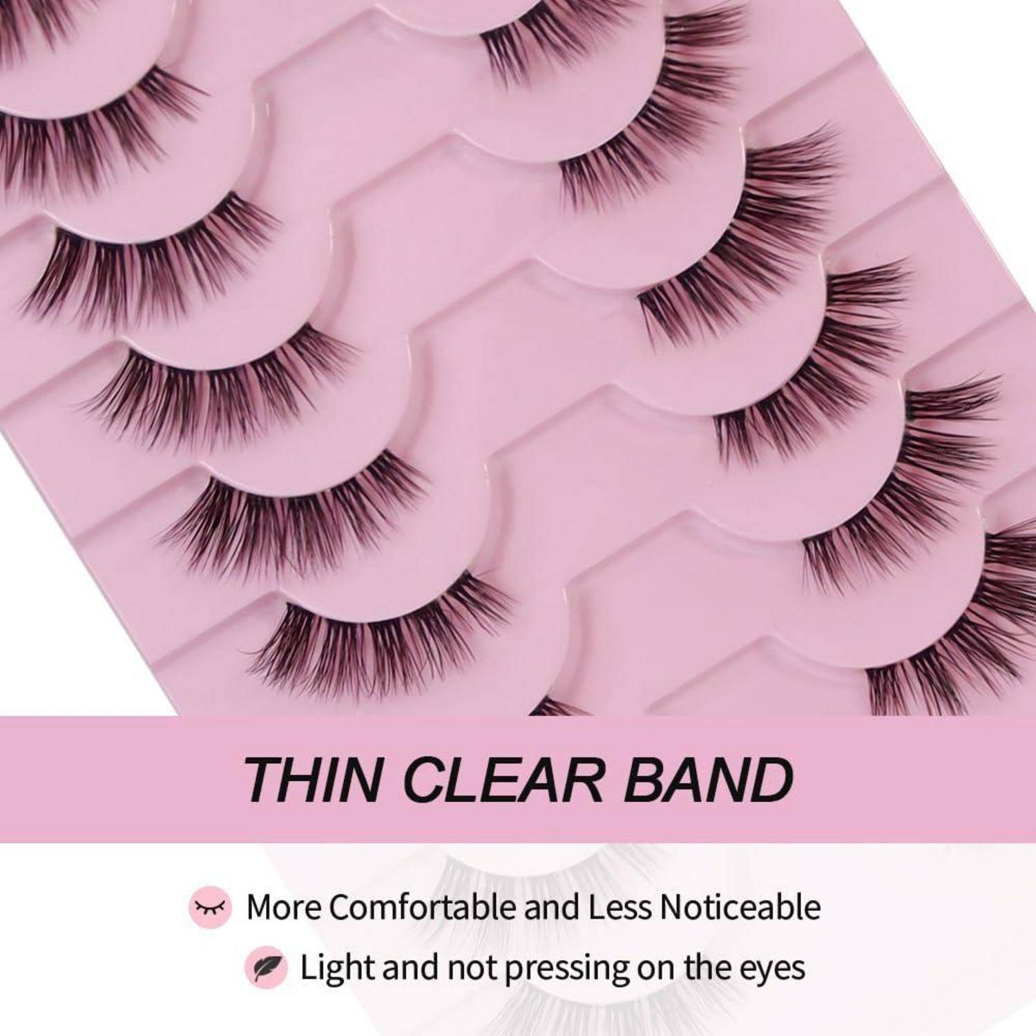 Rosa Packung mit künstlichen Wimpern mit der Beschriftung „THIN CLEAR BAND