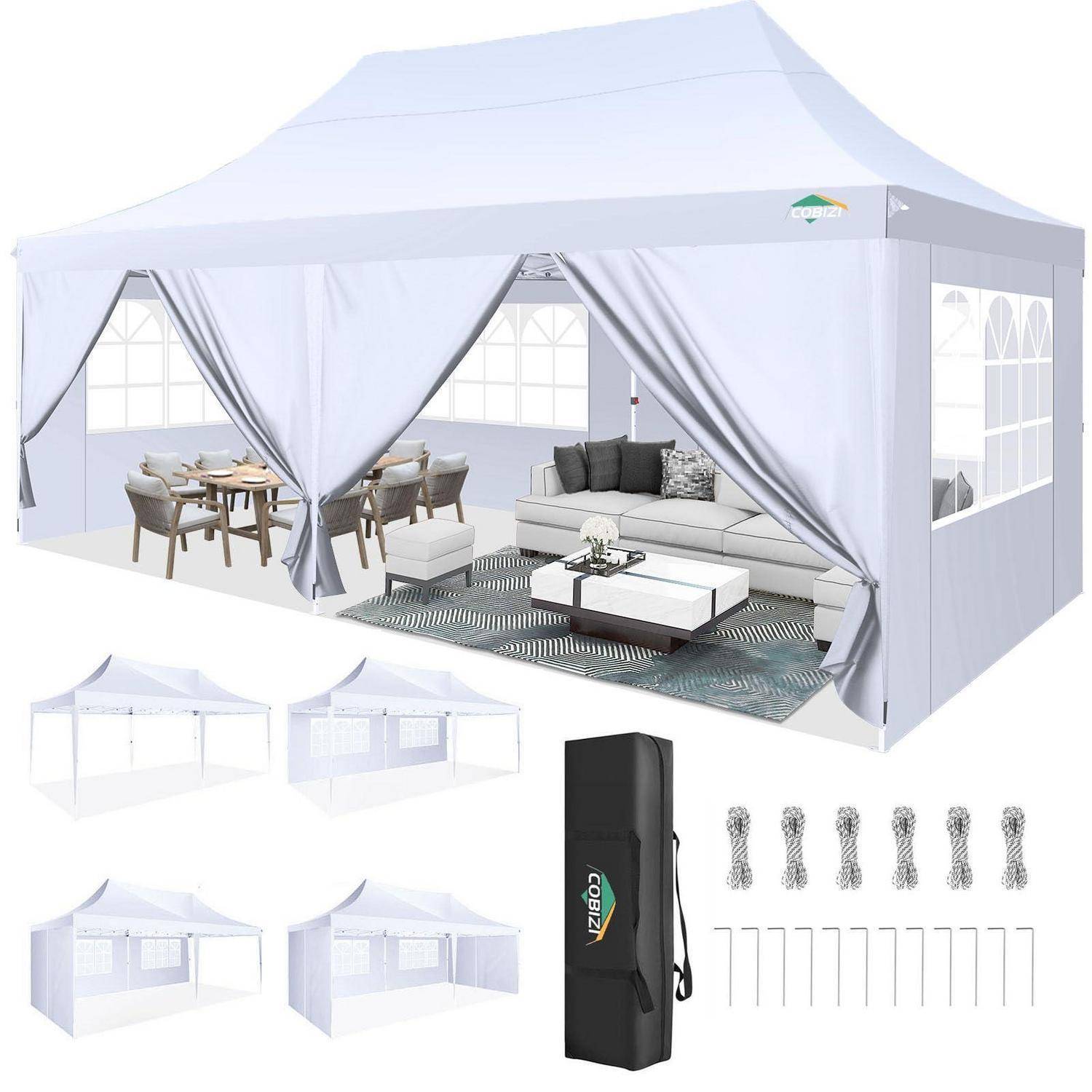 Weißes Outdoor-Pavillon-Zelt, dargestellt als montierte Lounge mit Sofa, Tisch und Stühlen, plus Aufbewahrungstasche, Heringe und Seitenpanel-Optionen.