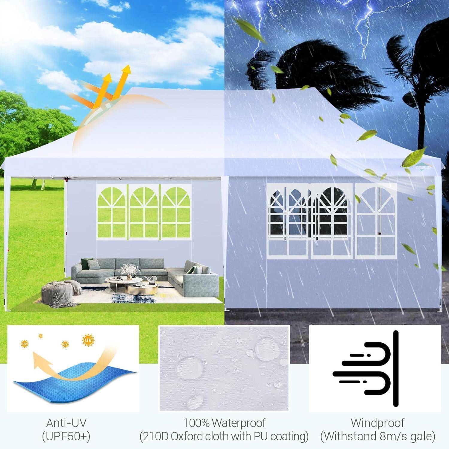Geteilte Illustration eines Ternenzelts unter sonnigen, windigen und regnerischen Bedingungen, die UV-Schutz-, wasserdichte und windfeste Eigenschaften hervorhebt.