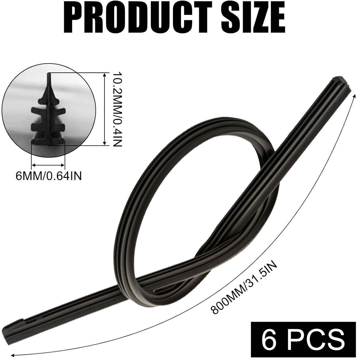 Produktgrößengrafik für schwarze Kabelclips: 800 mm Länge, 10,2 mm Höhe, 6 mm Breite; Packung mit 6 Stück.