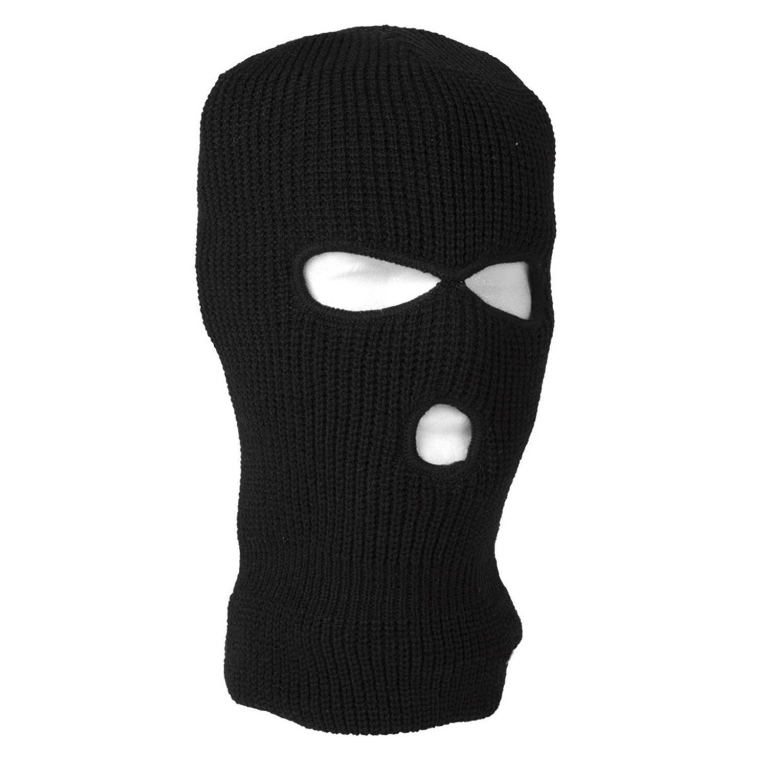Schwarze gestrickte Skimaske Balaclava mit Augenlöchern und einem Mundloch auf weißem Hintergrund.