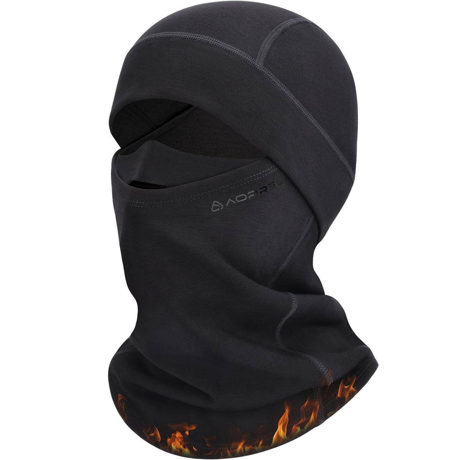 Schwarze Sturmhaube oder Nackengtiter in Vollgesichtsform mit genähten Paneelen und einer Flammengrafikentlang der unteren Kante.
