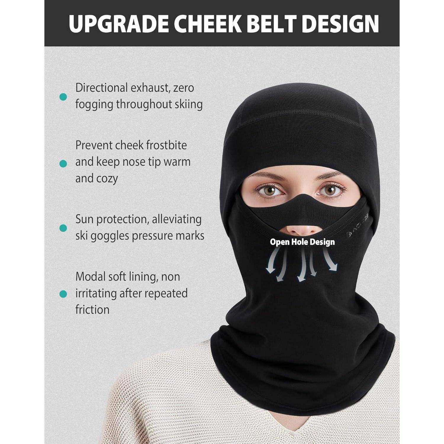 Schwarze Skimütze/Gesichtsmaske mit offenem Lochmuster; Text bewirbt gerichtete Abluft, Frostschutz, Sonnenschutz und weiches Futter.