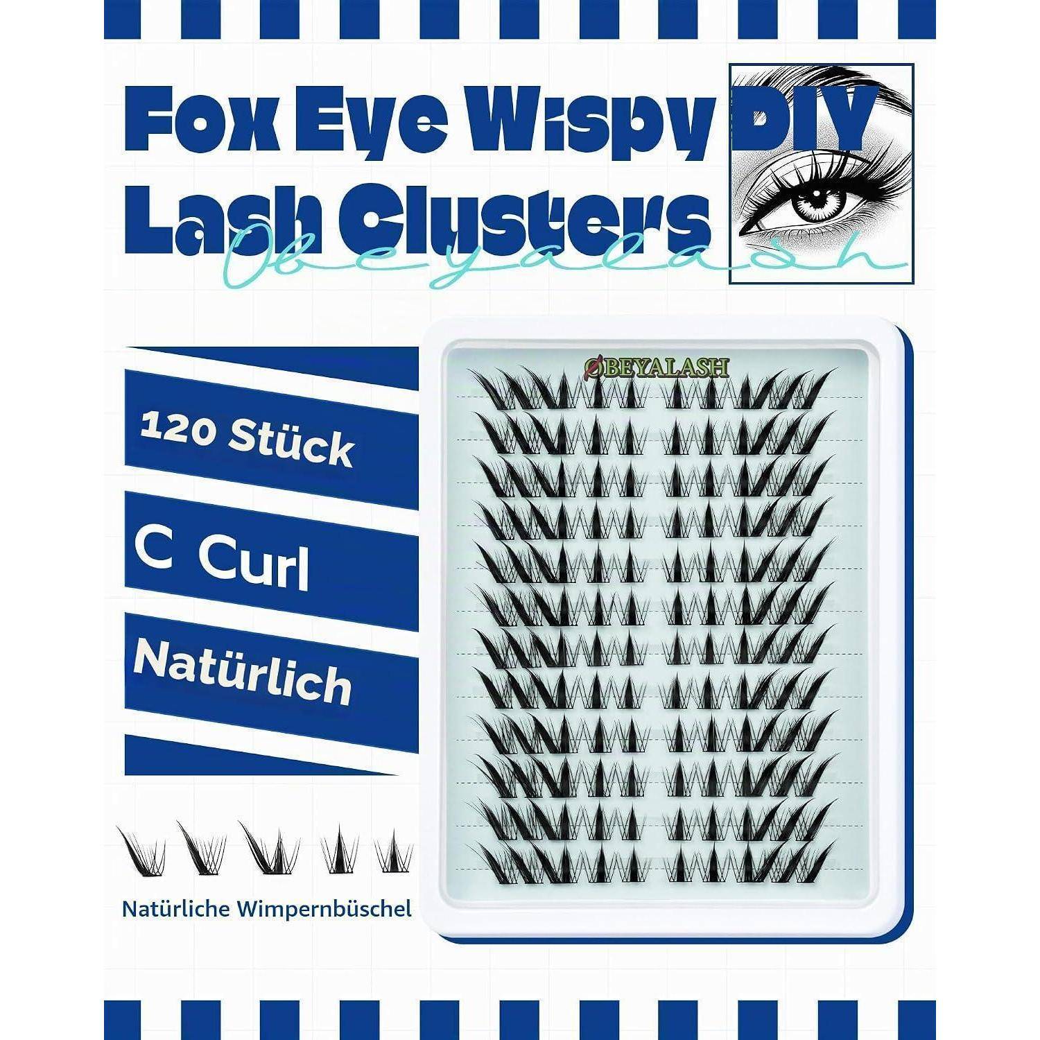 Verpackung für 'Fox Eye Wispy Lash Clusters' DIY-Wimpernverlängerungen, zeigt ein Tablett mit schwarzen C-Curl natürlichen Wimpernbüscheln und Etiketten '120 Stück' und 'Natürlich'.