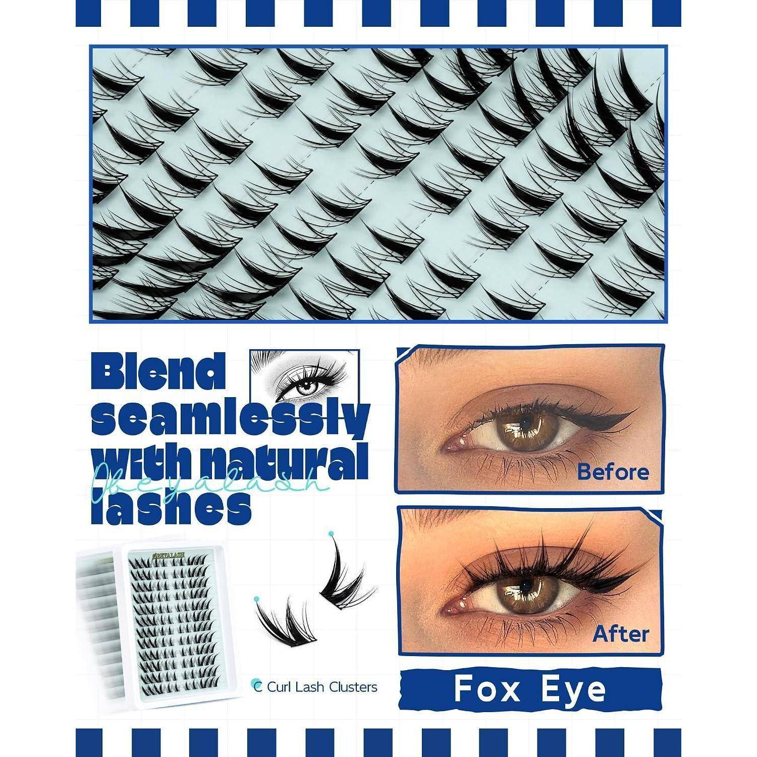 Werbe-Grafikdesign für Fox-Eye-Wimpern, das natürliche Wimpern zeigt, die in lockige Wimpernbüschel übergehen, sowie einen Vorher-Nachher-Vergleich der Augen.