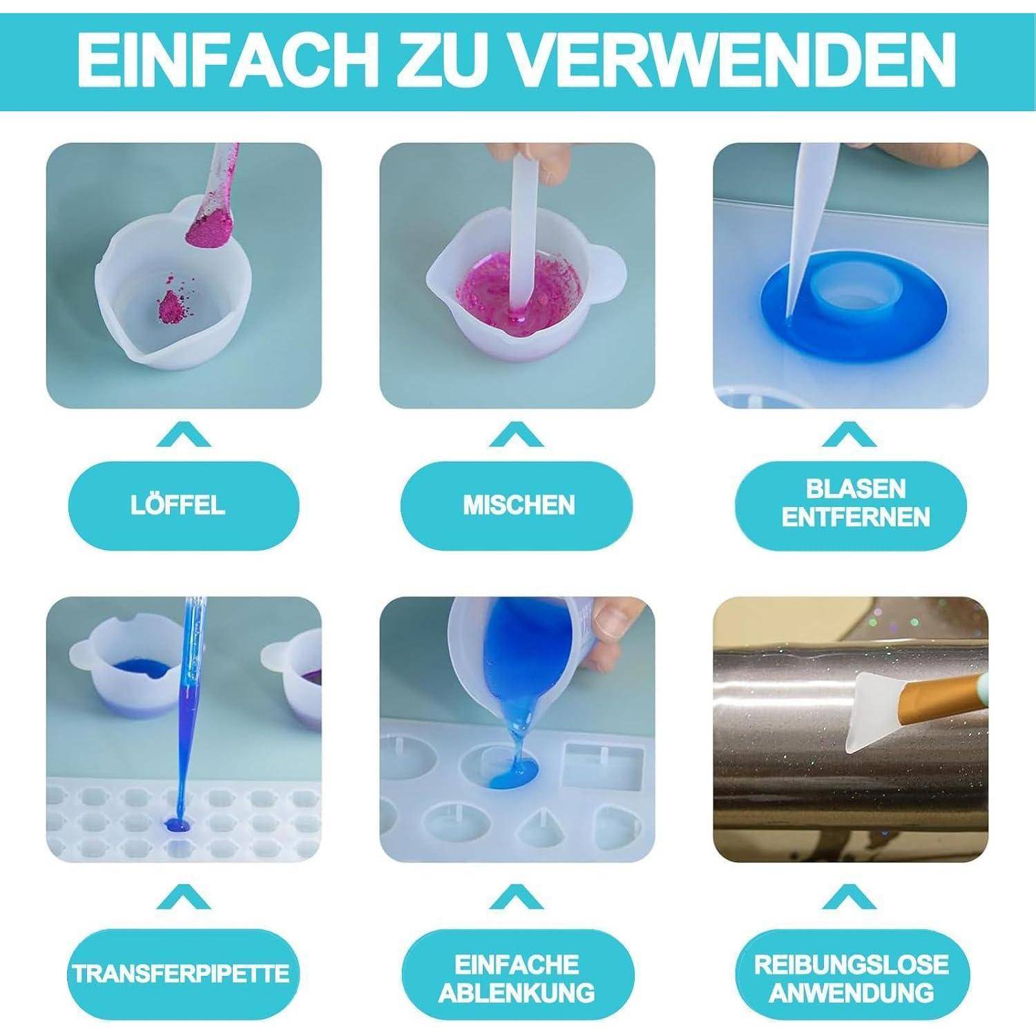 47 Stück Silikon Messbecher Epoxidharz Set, 1000ml/500ml/100ml Silikonbecher zum Gießen mit Rührstäbchen, Pipetten, Pinzette, Handschuhe, Silikon