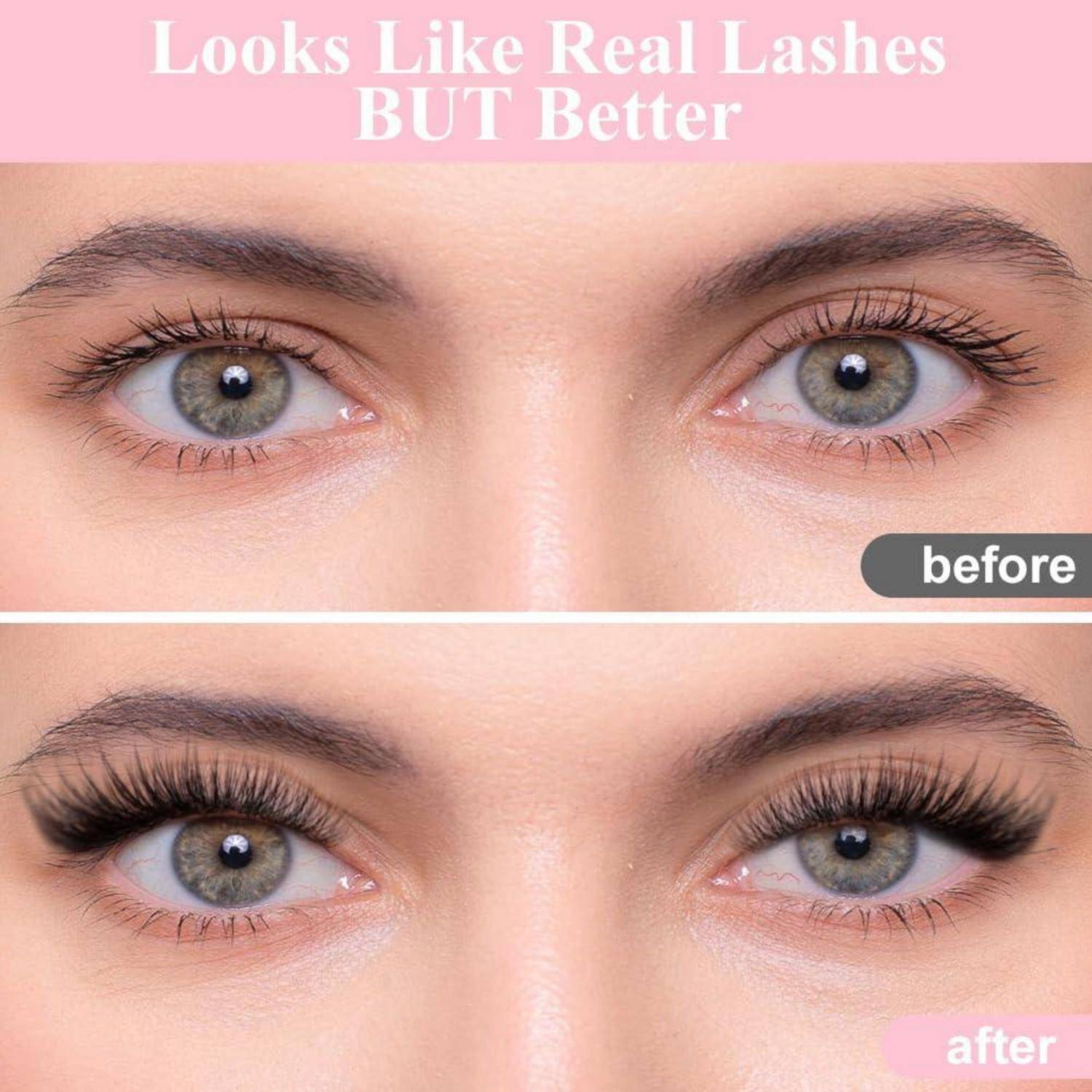 Vorher-und-Nachher-Nahaufnahme von Augen mit Wimpernverlängerungen; Text lautet 