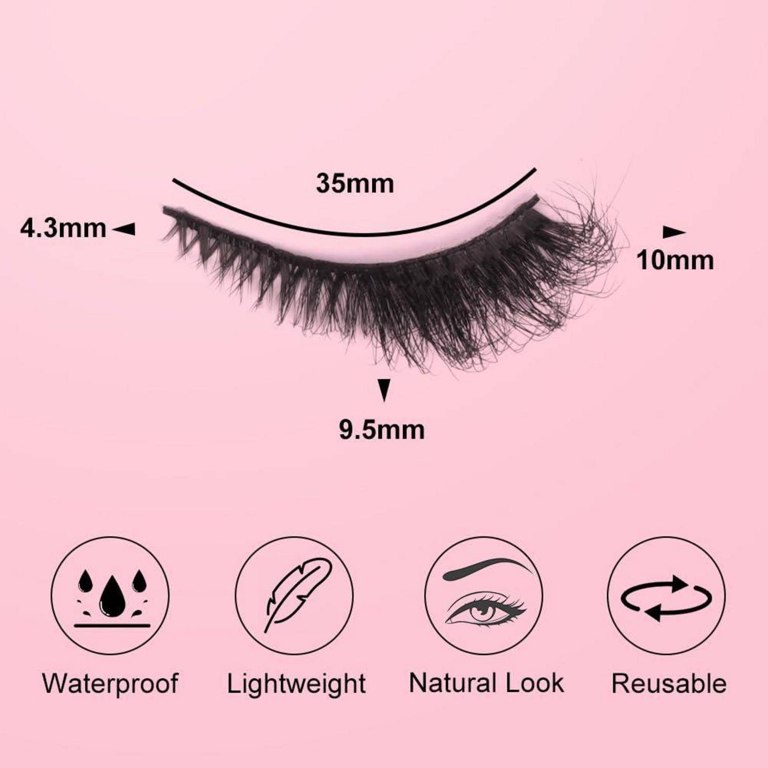 Künstliche Wimpern auf rosa Hintergrund mit Maßangaben 35 mm, 10 mm und 9,5 mm, plus Symbole mit den Bezeichnungen wasserfest, leicht, natürliches Aussehen und wiederverwendbar.