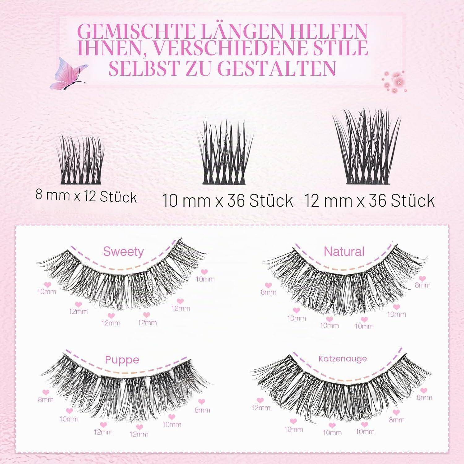 Infografik mit gemischten Wimpernlängen für individuelle Styles: 8 mm x 12, 10 mm x 36, 12 mm x 36, mit Beispiel-Looks mit den Bezeichnungen „Sweety