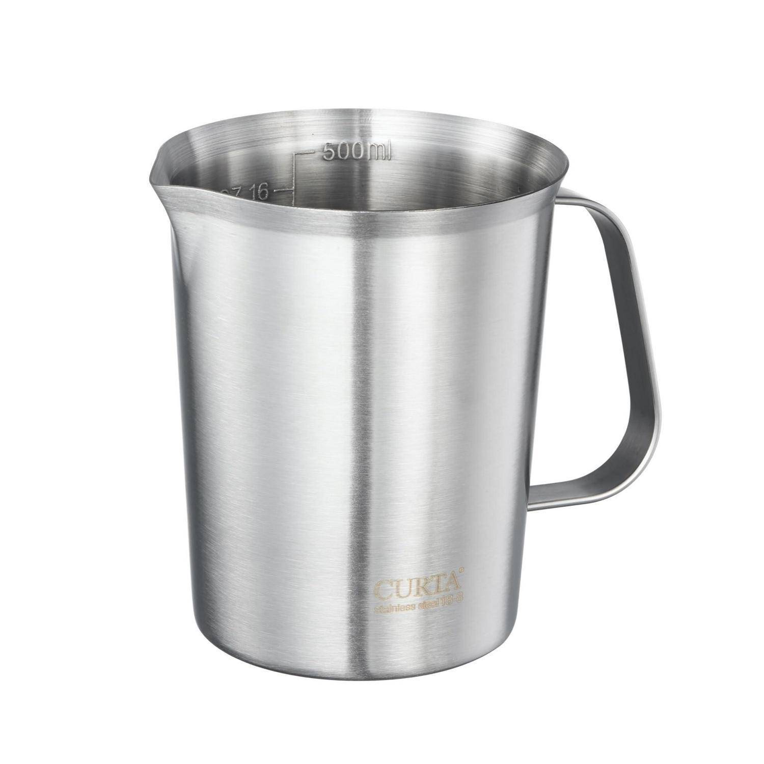 Messbecher aus Edelstahl mit Griff und Ausguss, gekennzeichnet mit 500 ml und 16 oz.