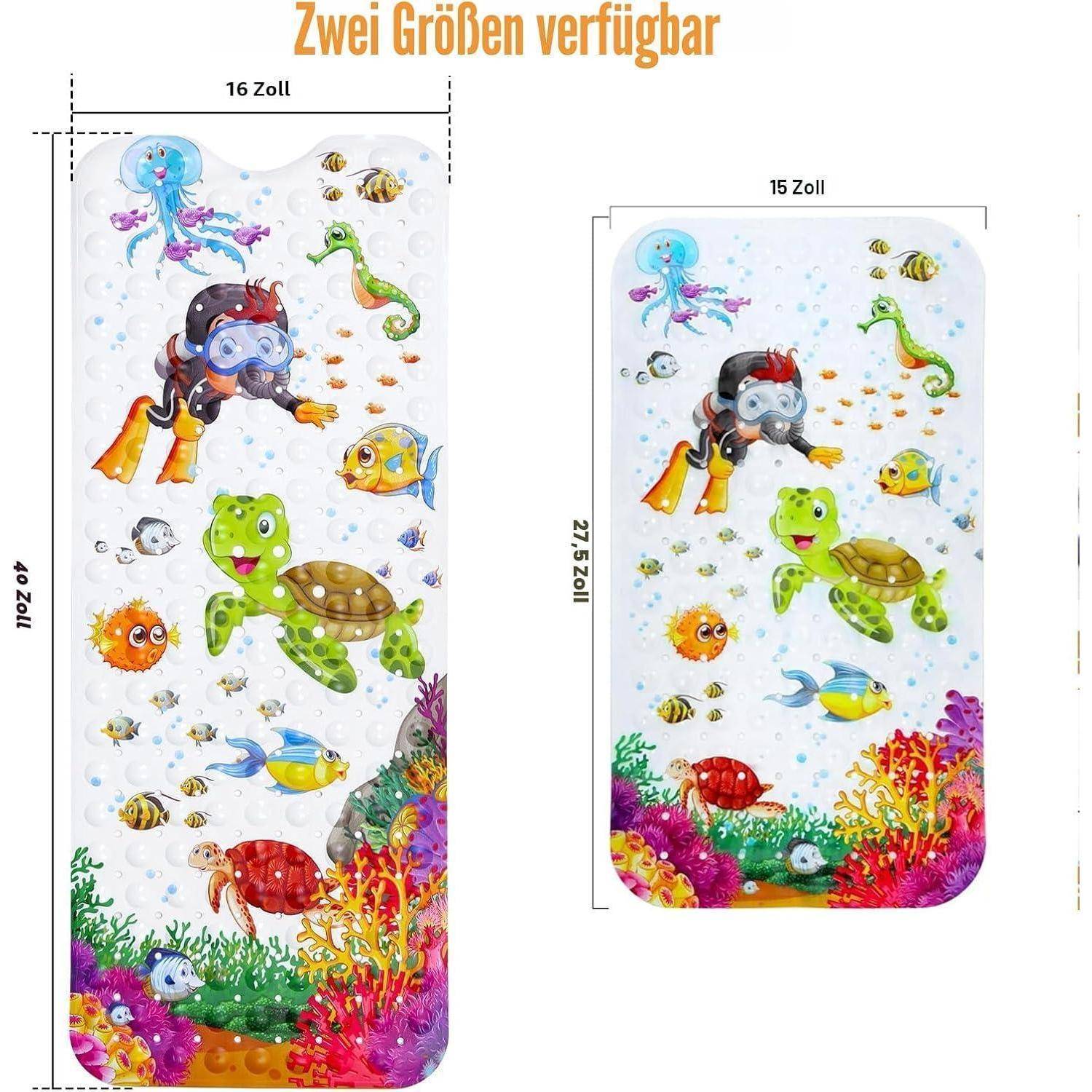 Produktbild mit zwei Größen einer unterwasserthematisierten Handyhülle für Kinder, beschriftet mit 16 Zoll und 15 Zoll, mit Illustrationen von Tauchern, Meeresschildkröten, Fischen und Korallen.