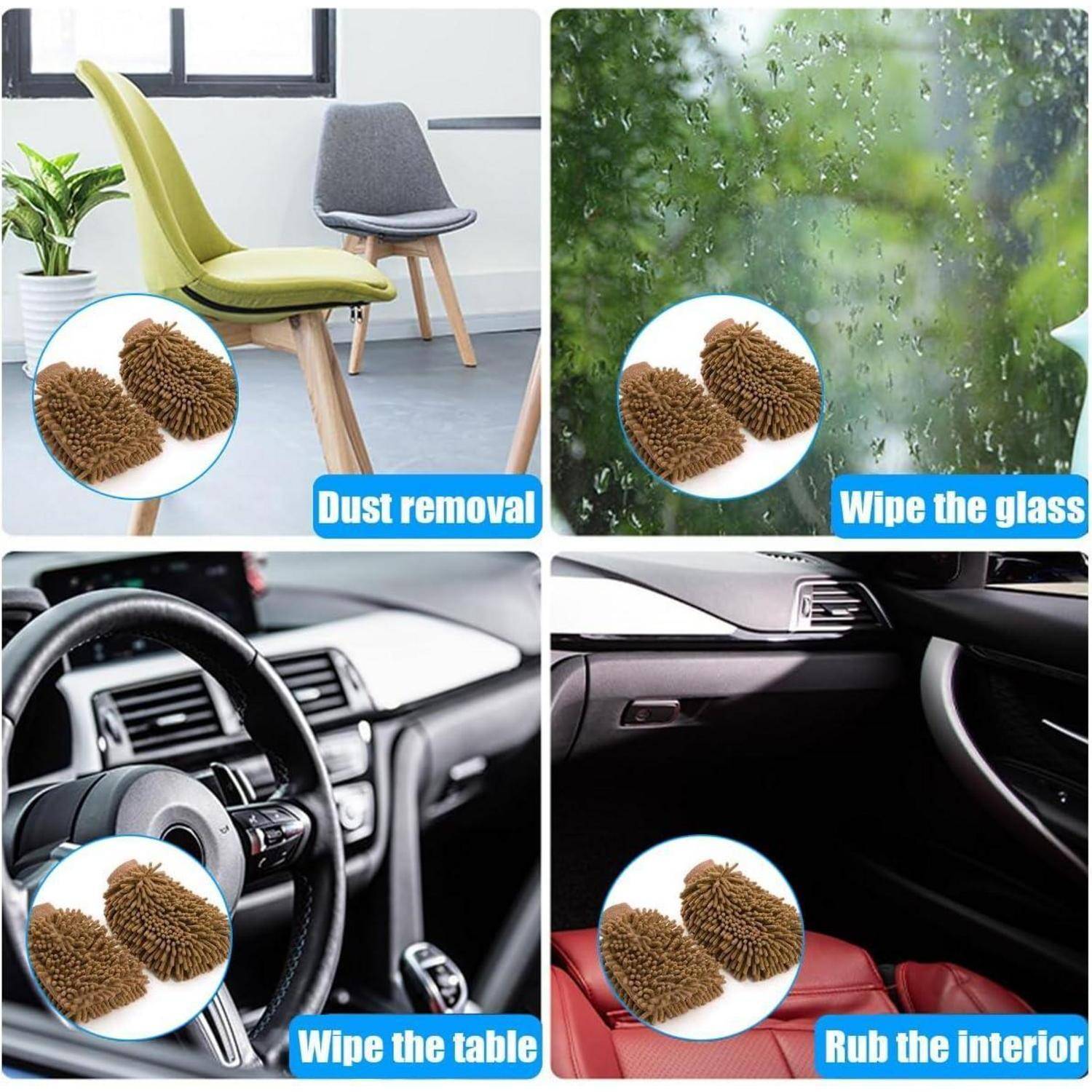 Vier-Panel-Anzeige zeigt Chenille-Reinigungsfäustlinge zur Staubentfernung, zum Wischen von Glas und zur Reinigung von Autoinnenräumen.
