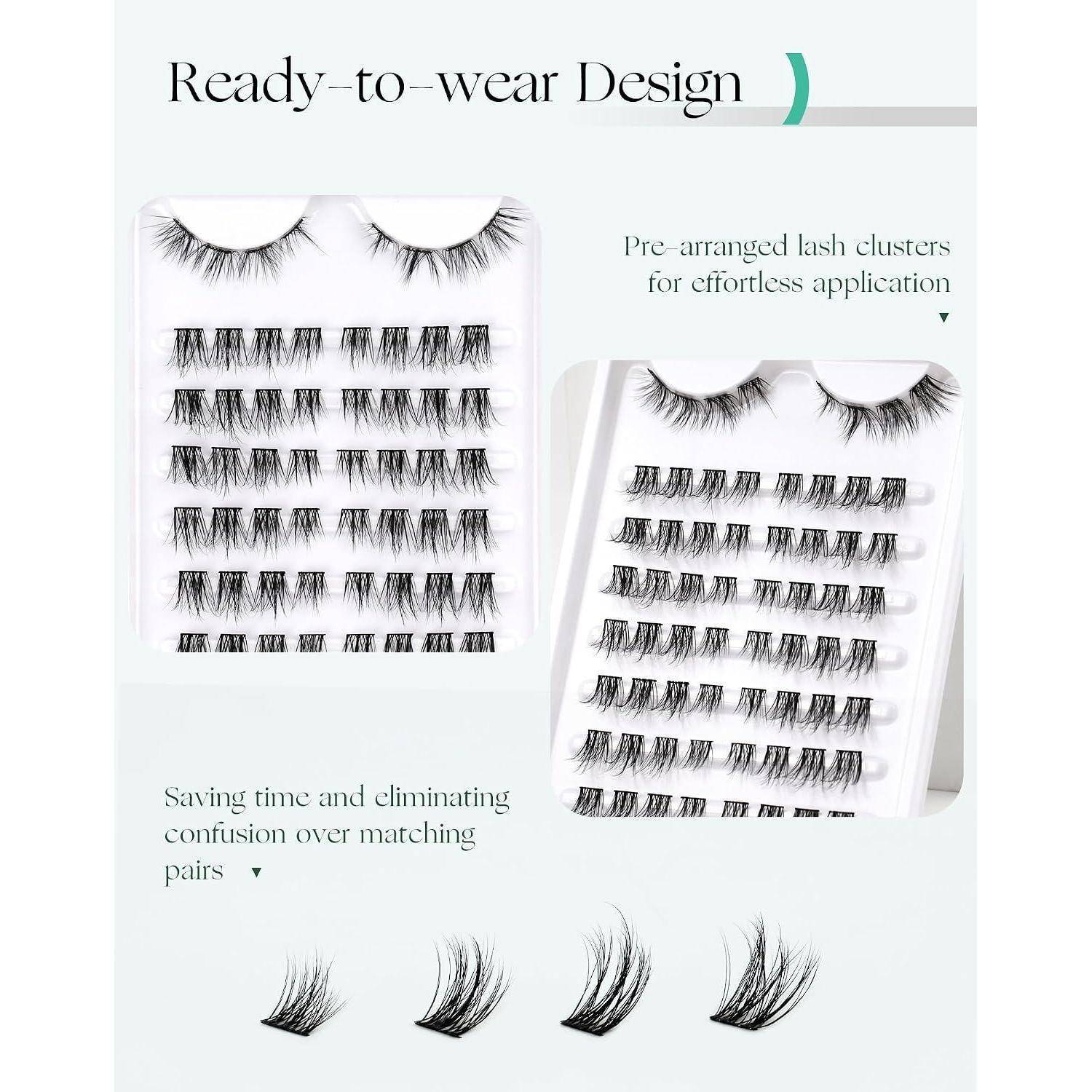 Werbegrafik mit vormontierten Wimpernbündeln zur einfachen Anwendung, mit dem Titel 