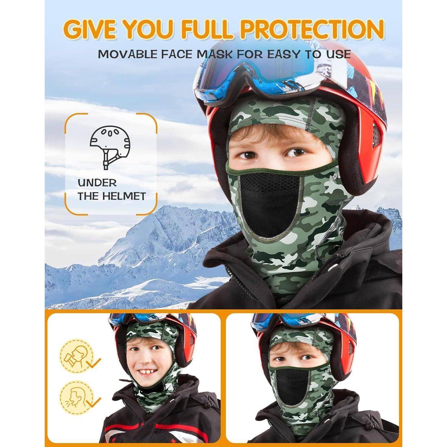 Werbung zeigt ein Kind, das einen Helm und eine Tarn-Gesichtsmaske trägt, mit dem Text „GIBT DIR VOLLSTÄNDIGEN SCHUTZ
