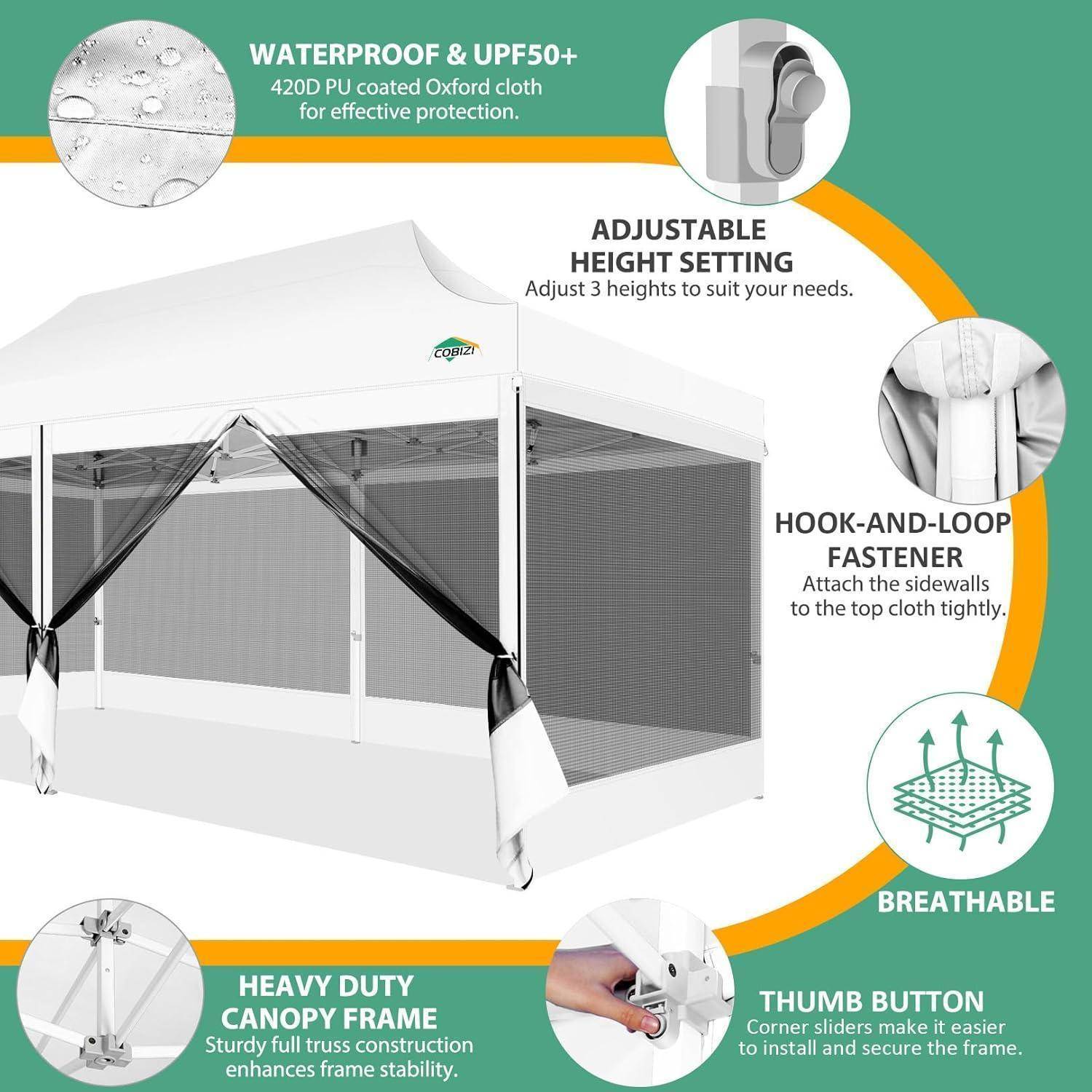 Illustration eines Pop-up-Baldachins mit Schlüsselfunktionen: wasserdichtem UPF50+-Stoff, verstellbarer Höhe, Klettverschlüssen, atmungsaktivem Mesh, robustem Rahmen und Daumendruck-Eckschiebern.