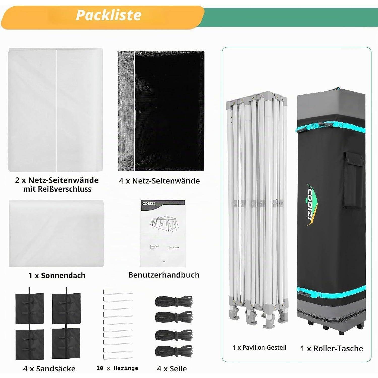 Packliste für ein Pop-up-Pavillon: Rahmen, Rollentasche, Baldachin, 2 Seitenwände aus Mesh mit Reißverschluss, 4 Seitenwände aus Mesh, 4 Sandsäcke, 10 Heringe, 4 Seile und Benutzerhandbuch.