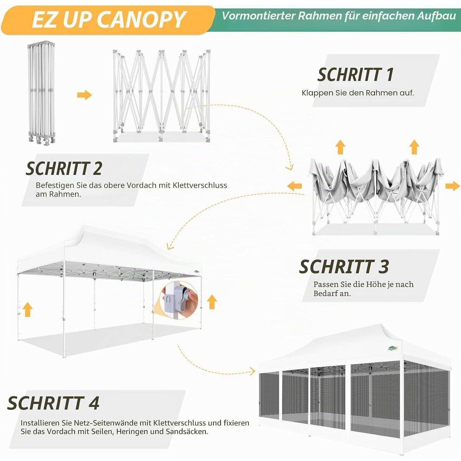 Anleitungsdiagramm für "EZ UP CANOPY"" mit vier Aufbaschritten: Gestell ausklappen, Abdeckung mit Klettverschluss anbringen, Höhe einstellen, dann Seitenwände installieren und mit Seilen, Heringen und Sandsäcken sichern.