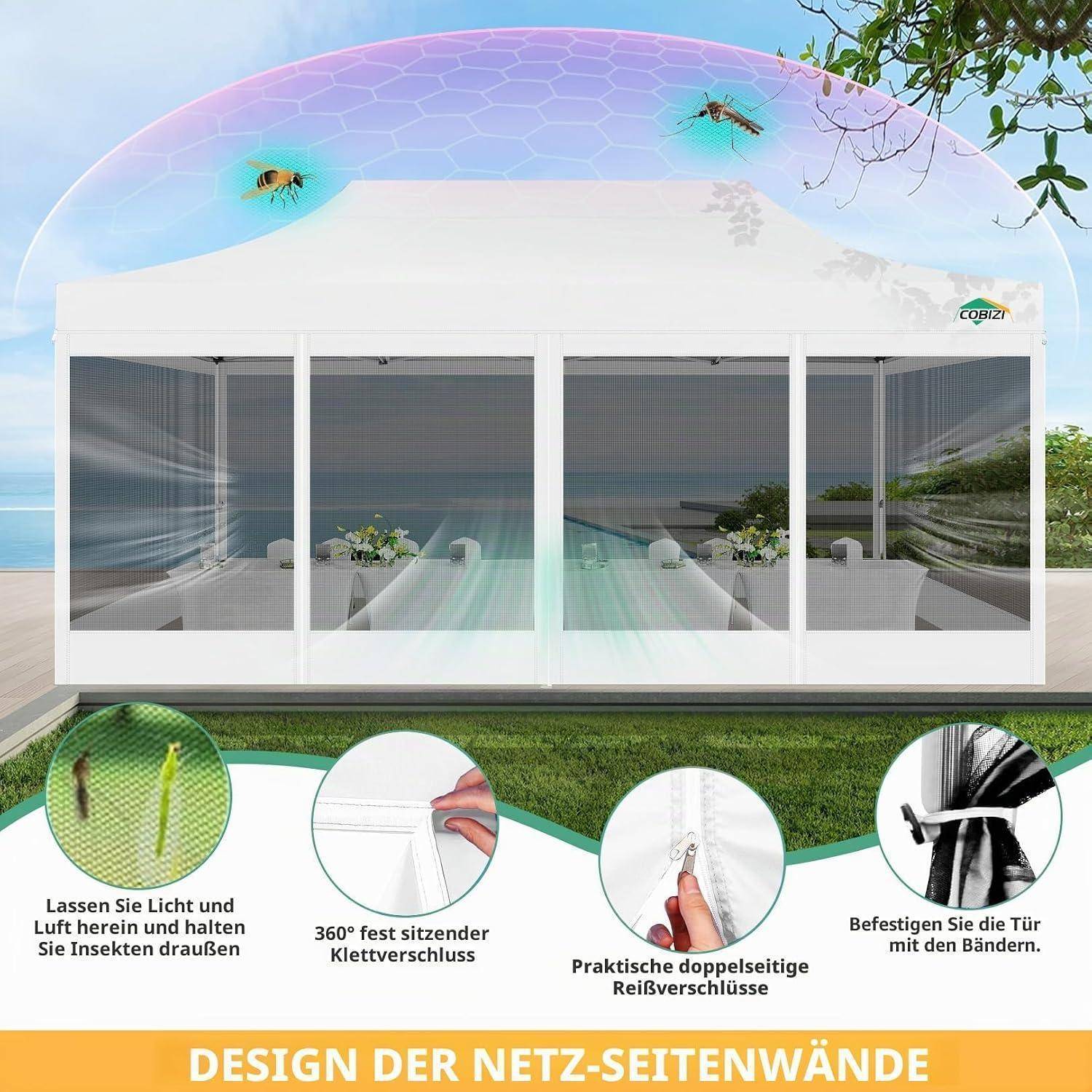 Illustration eines netzartigen Outdoor-Zeltpavillons mit Insektenschutz, mit vier Funktionshinweisen für den Schutz vor Insekten, Klettverschluss, beidseitige Reißverschlüsse und Befestigungsgurte.