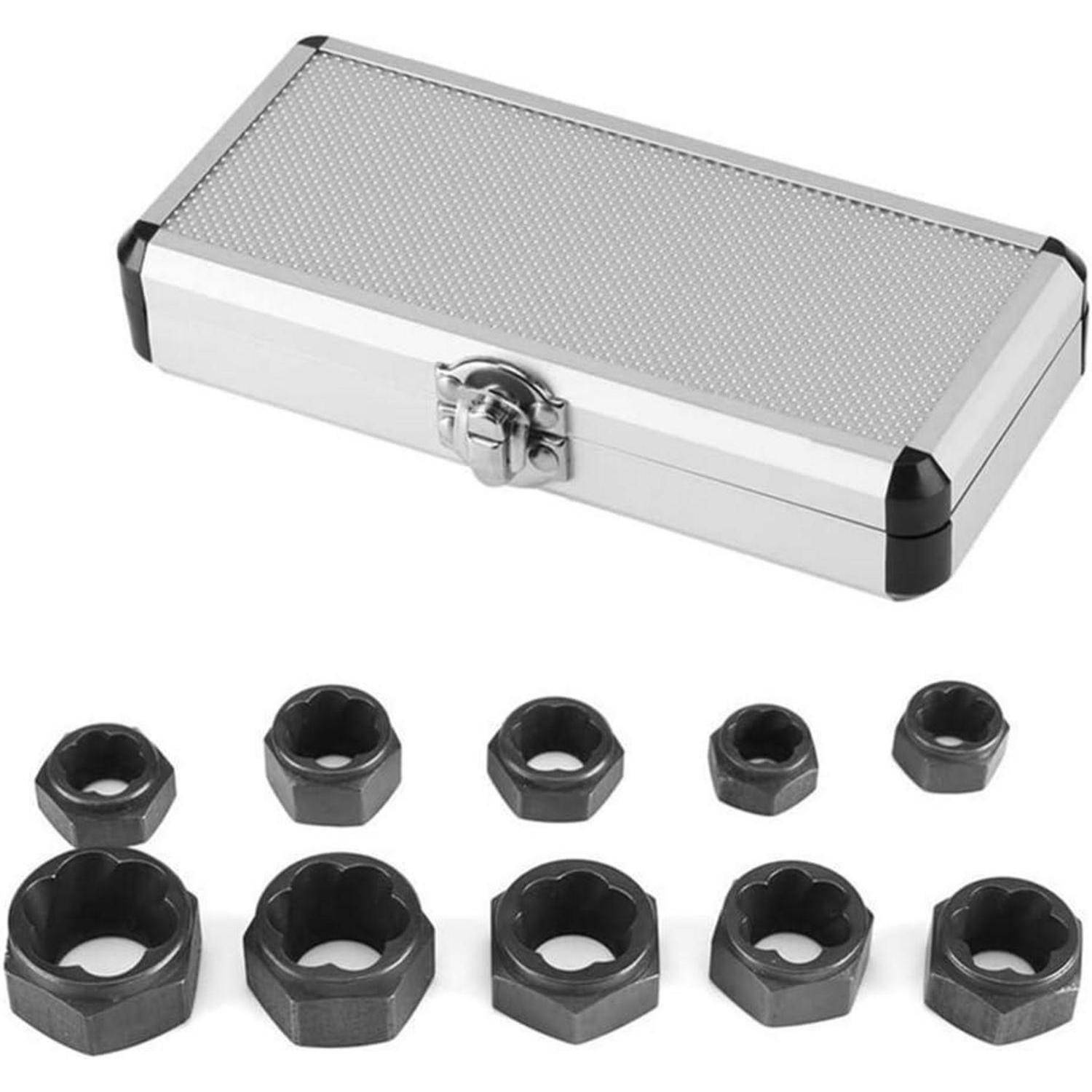 Silbernes Metallsteckdosensatz-Etui mit Verschluss, dargestellt in offener/geschlossener Ansicht, und neun schwarze Sechskant-Steckdosenadapter darunter angeordnet.