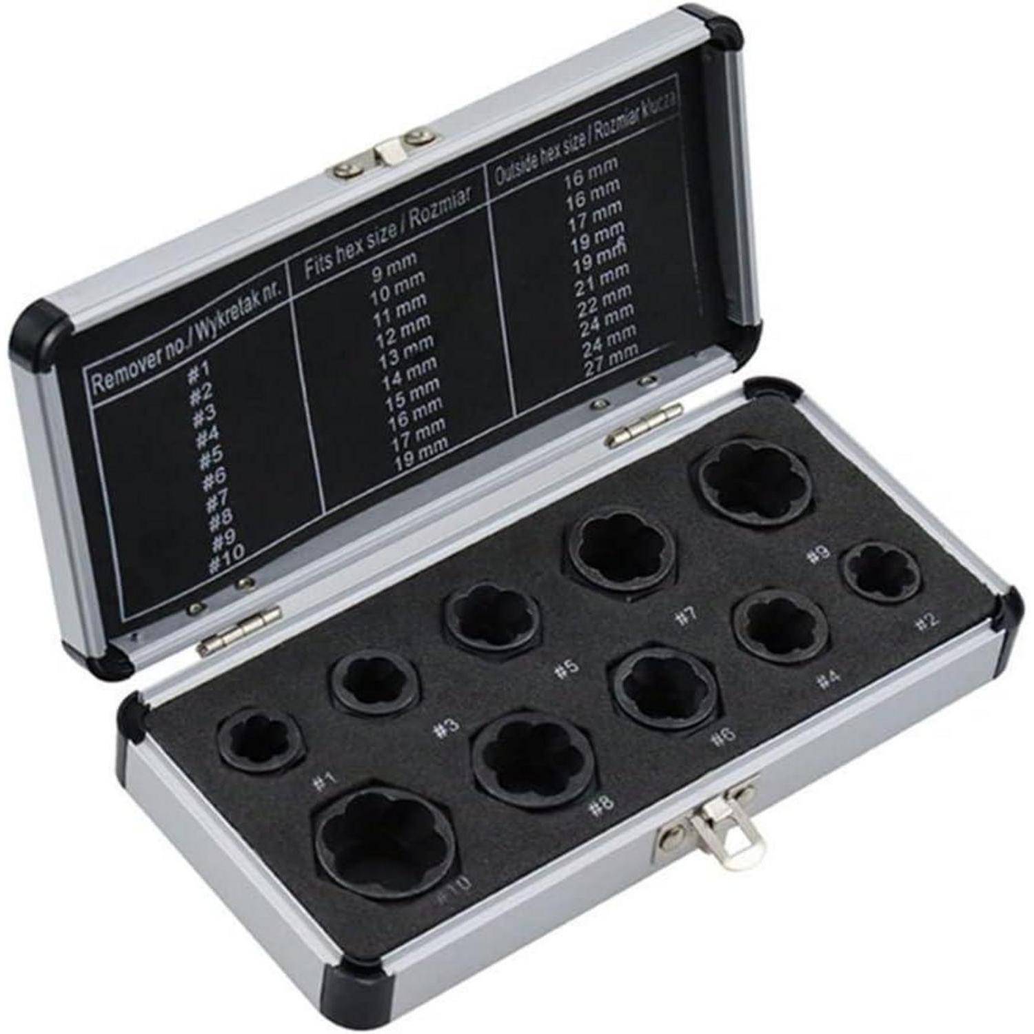 Metallgehäuse mit 10 schwarzen Radschloss-Schlüsseleinsätzen, beschriftet nach Muttergrößen von 9 mm bis 27 mm im Deckelinneren.