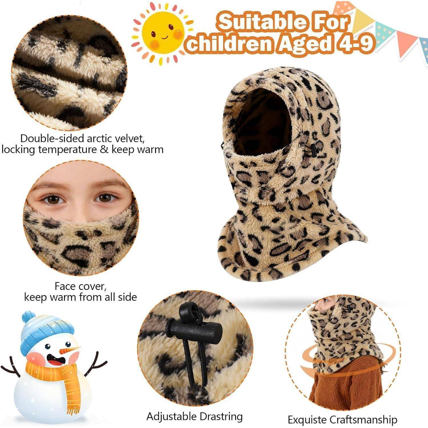 Leoparden-Muster-Fleece-Sturmhaube für Kinder im Alter von 4-9 Jahren, dargestellt mit Gesichtsbedeckung und verstellbarem Kordelzug, wobei Wärme und Handwerkskunst hervorgehoben werden.