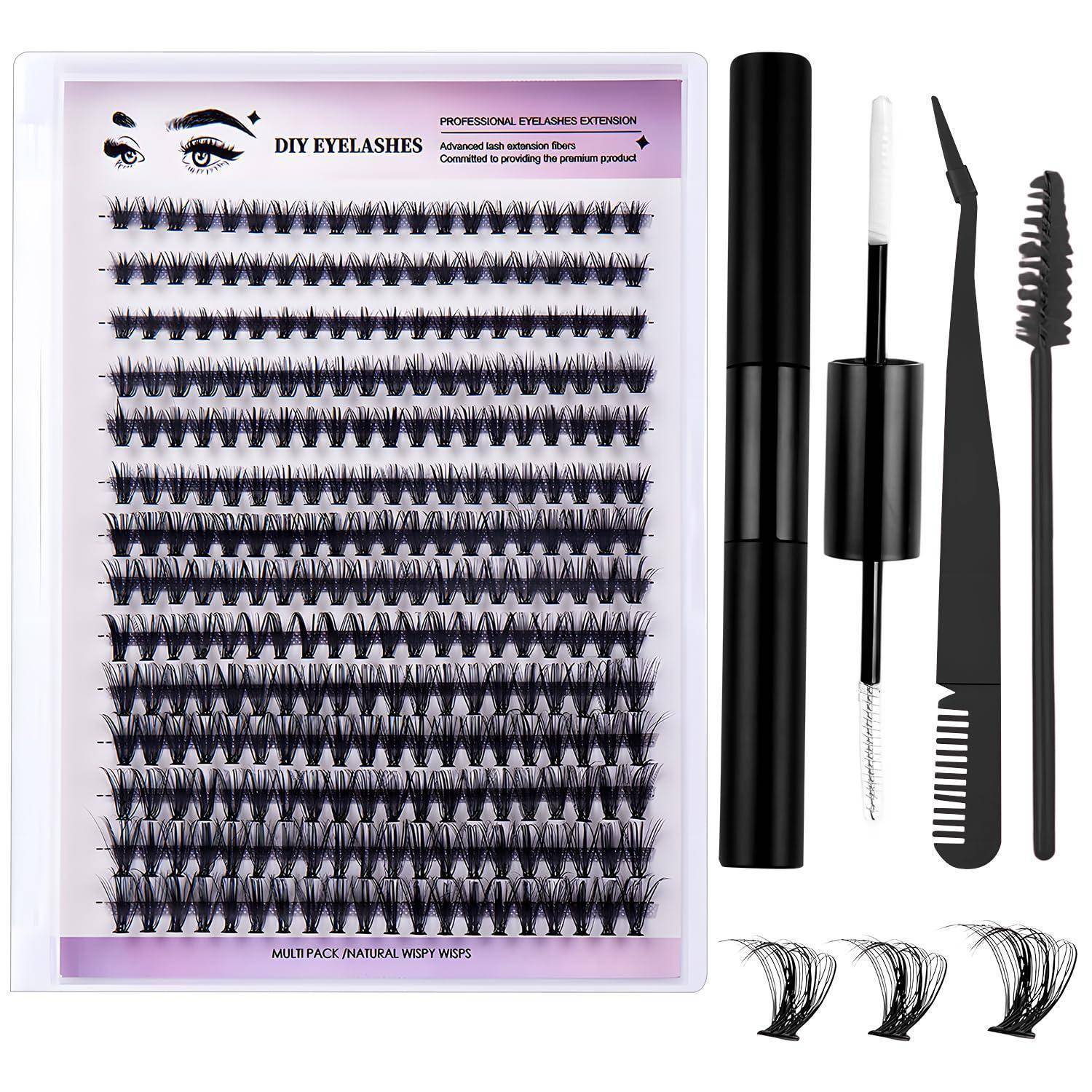 DIY-Wimpernverlängerungsset mit mehreren Tablett-Wimpern und Applikatoren, einschließlich Mascara-Tube, Pinzette, Kamm und Spoolie-Bürste.