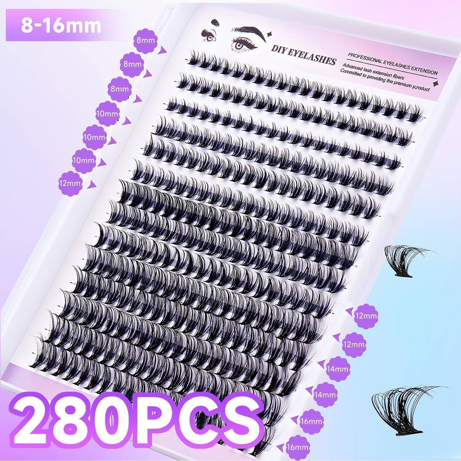 Ein Tablett mit 280 künstlichen Wimpernverlängerungen in gemischten Längen 8-16 mm, beschriftet mit „DIY EYELASHES