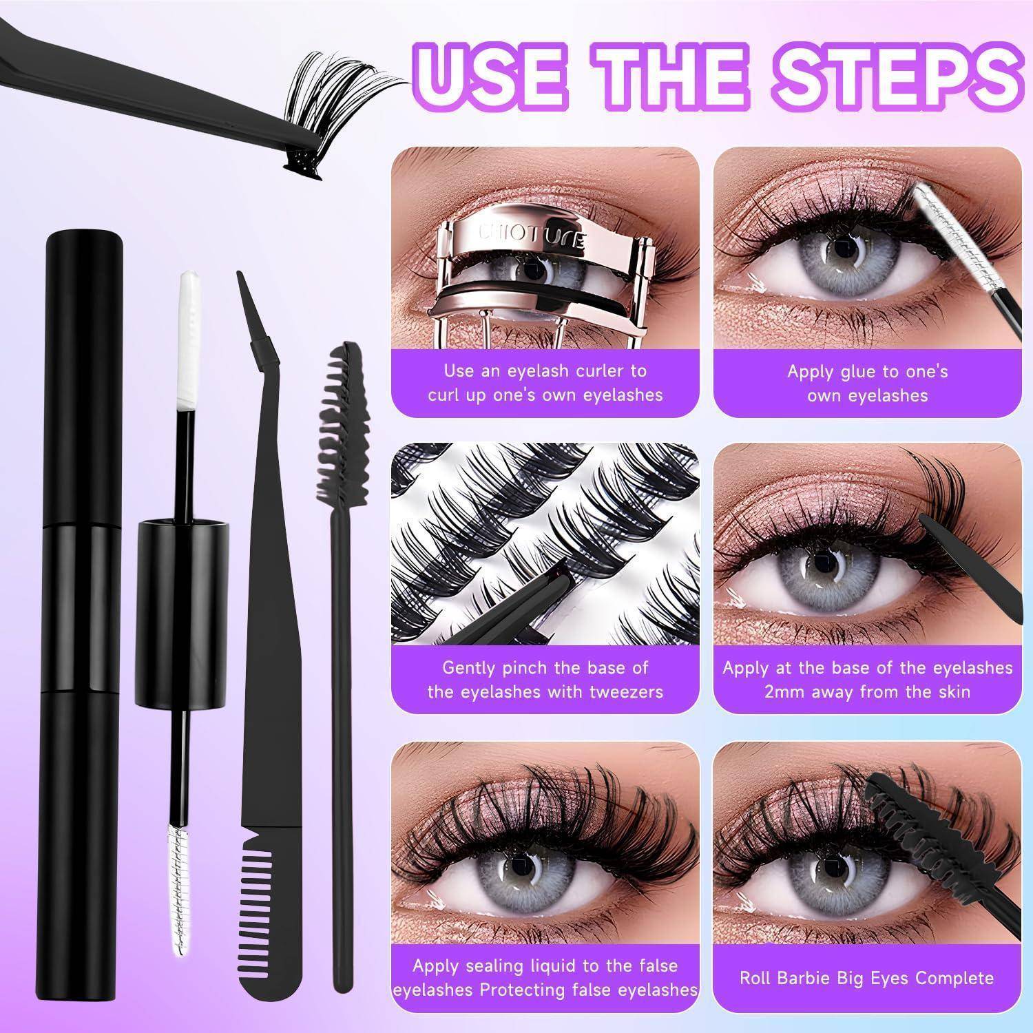 Anleitung zur Wimpernverlängerung mit Werkzeugen und sechs Schritten: Wimpern kräuseln, Kleber auftragen, Wimpern positionieren, in der Nähe der Haut trimmen, versiegeln und rollen für vollere Augen.